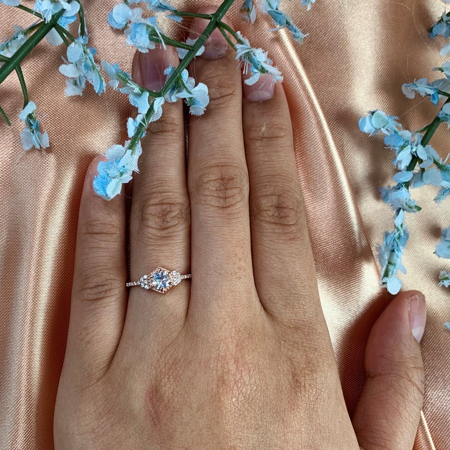 Unique Hexagon 1.3 carat Round rainbow Moonstone Engagement Wedding Ring in Rose Gold