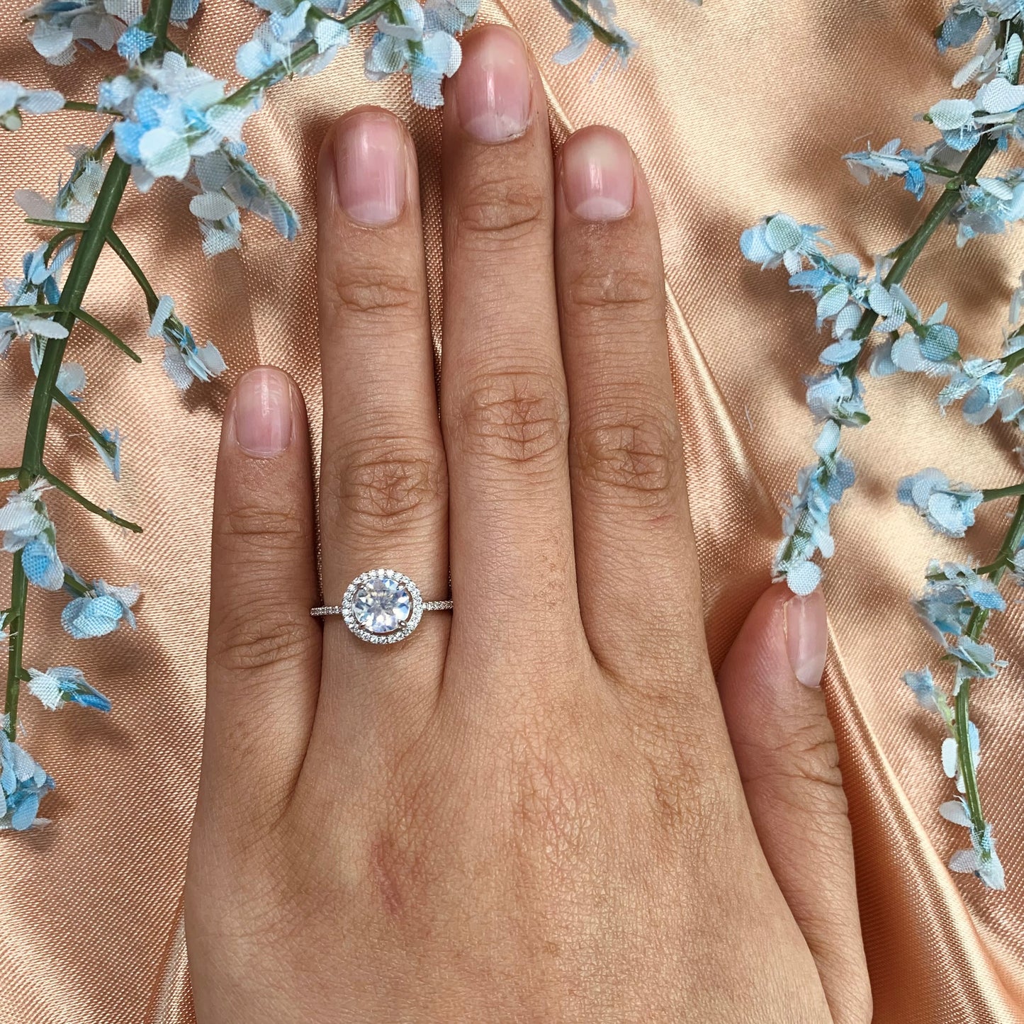 Halo 1.5 carat Round Cut Rainbow Moonstone Classic Design Ring in White Gold