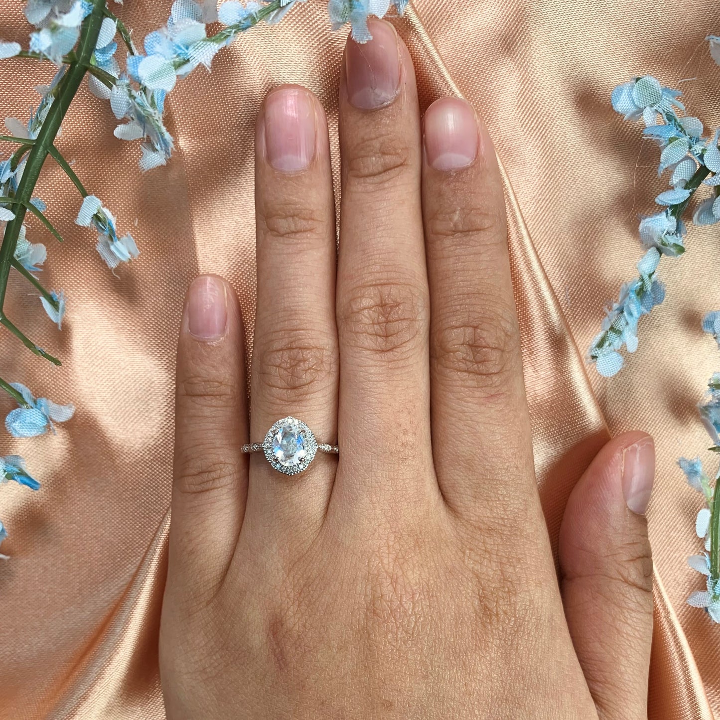 Antique Vintage 1.5 carat Oval Cut Rainbow Moonstone Halo Ring in White Gold