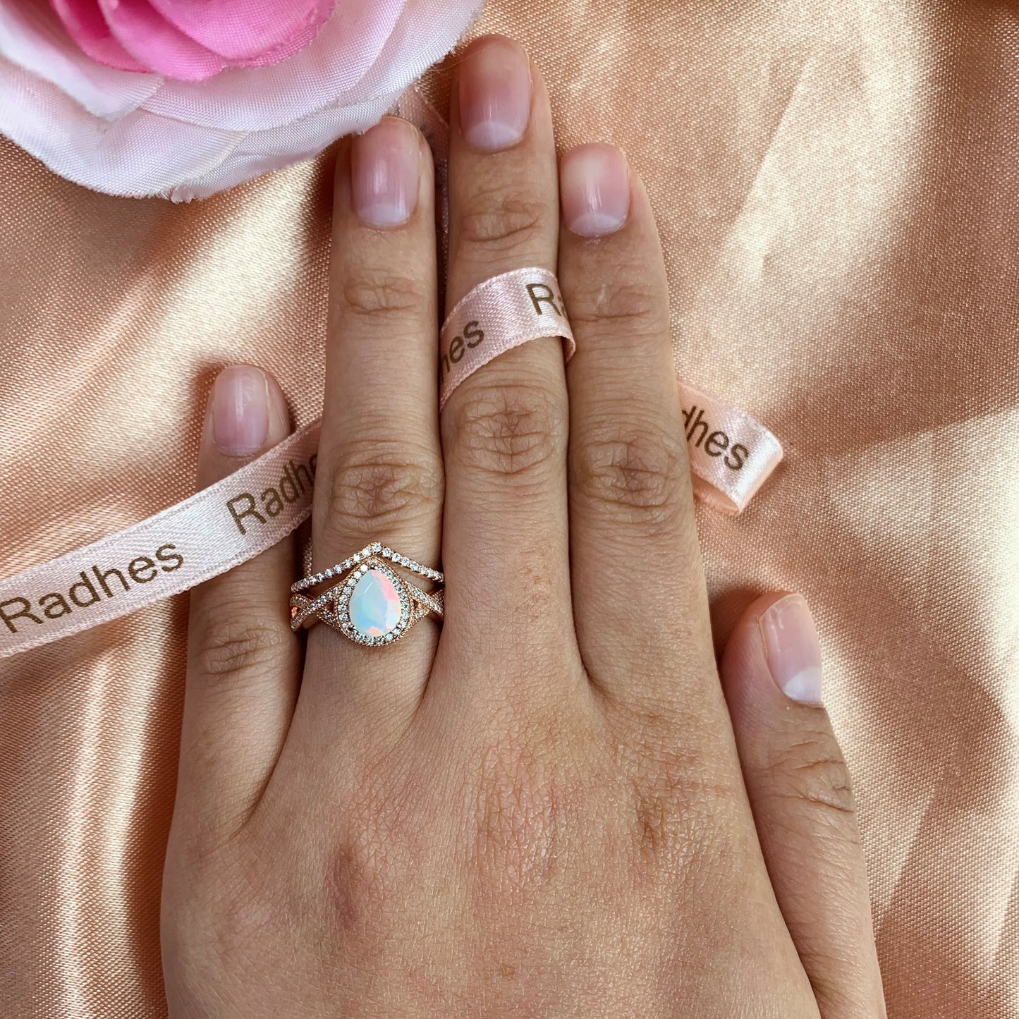 Huge 1.7 Carat Natural Fire Opal Halo Pear Shape Teardrop Vintage Chevron Wedding Ring Set with Diamond in Rose Gold