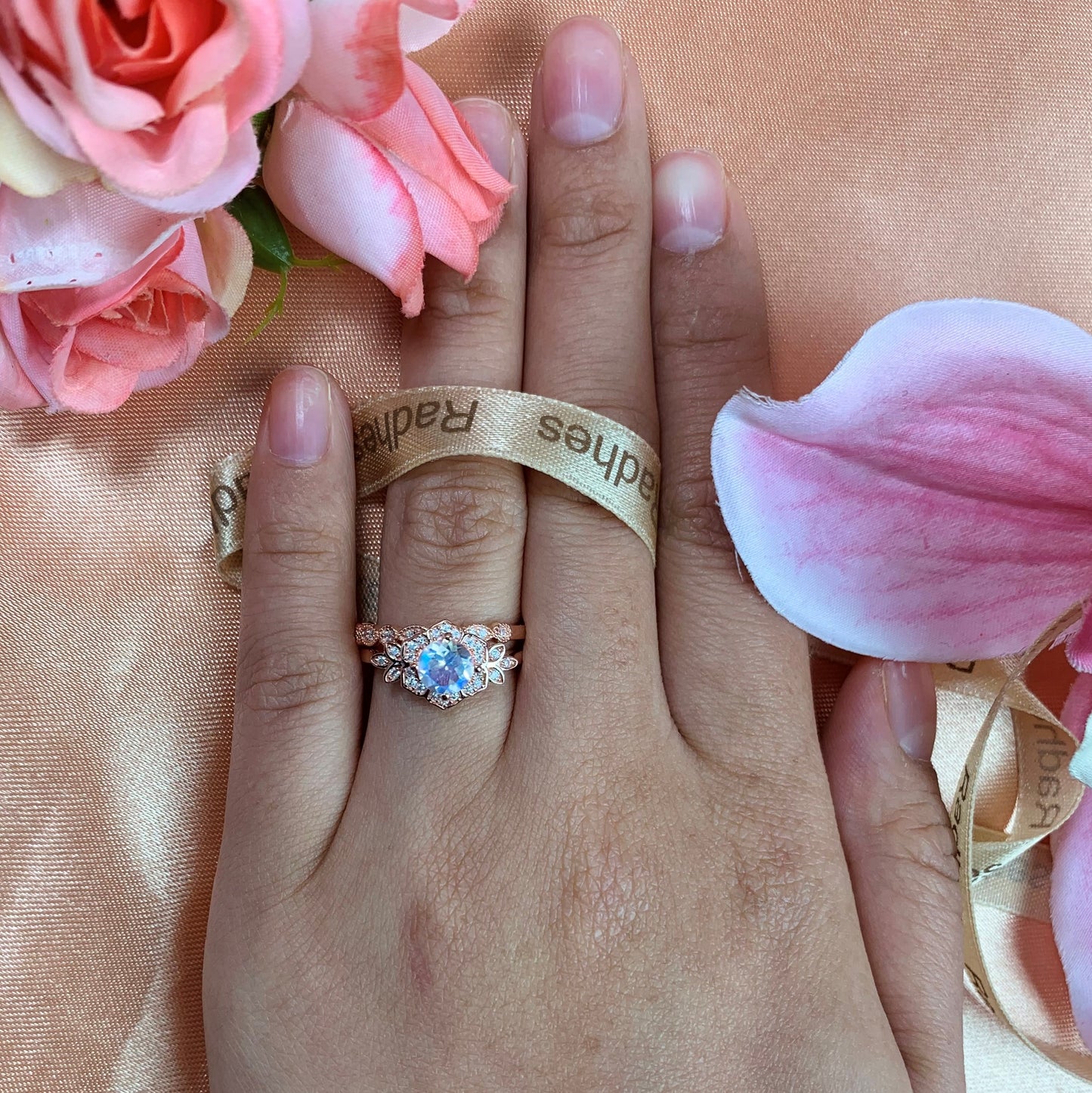 1.45 carat Flower Leaf Design Rainbow Moonstone Bridal Wedding Ring Set with Diamond on Rose Gold