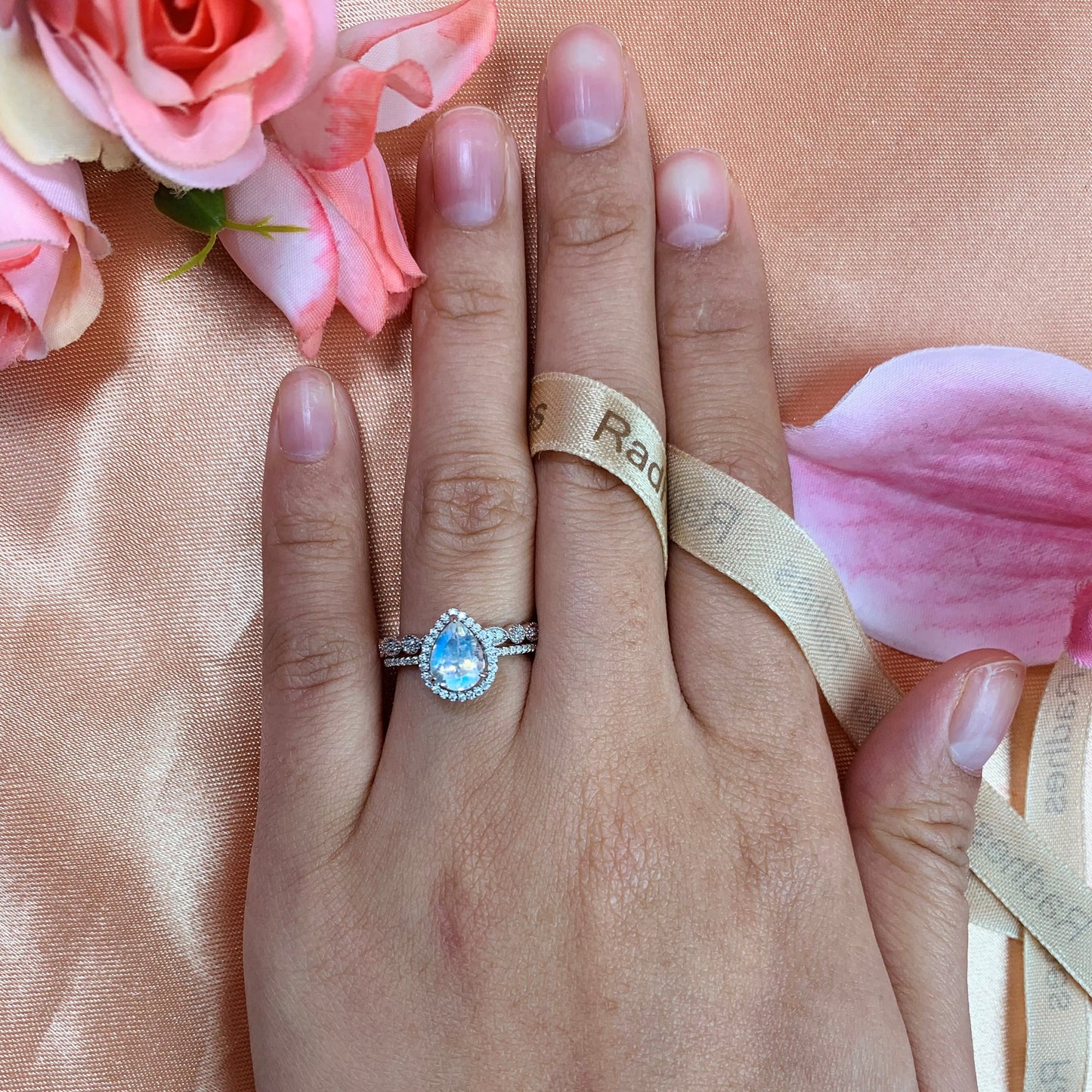 Perfect 1.65 carat Rainbow Moonstone Tear Drop Wedding Ring Set with Matching Eternity Wedding Ring Band in White Gold