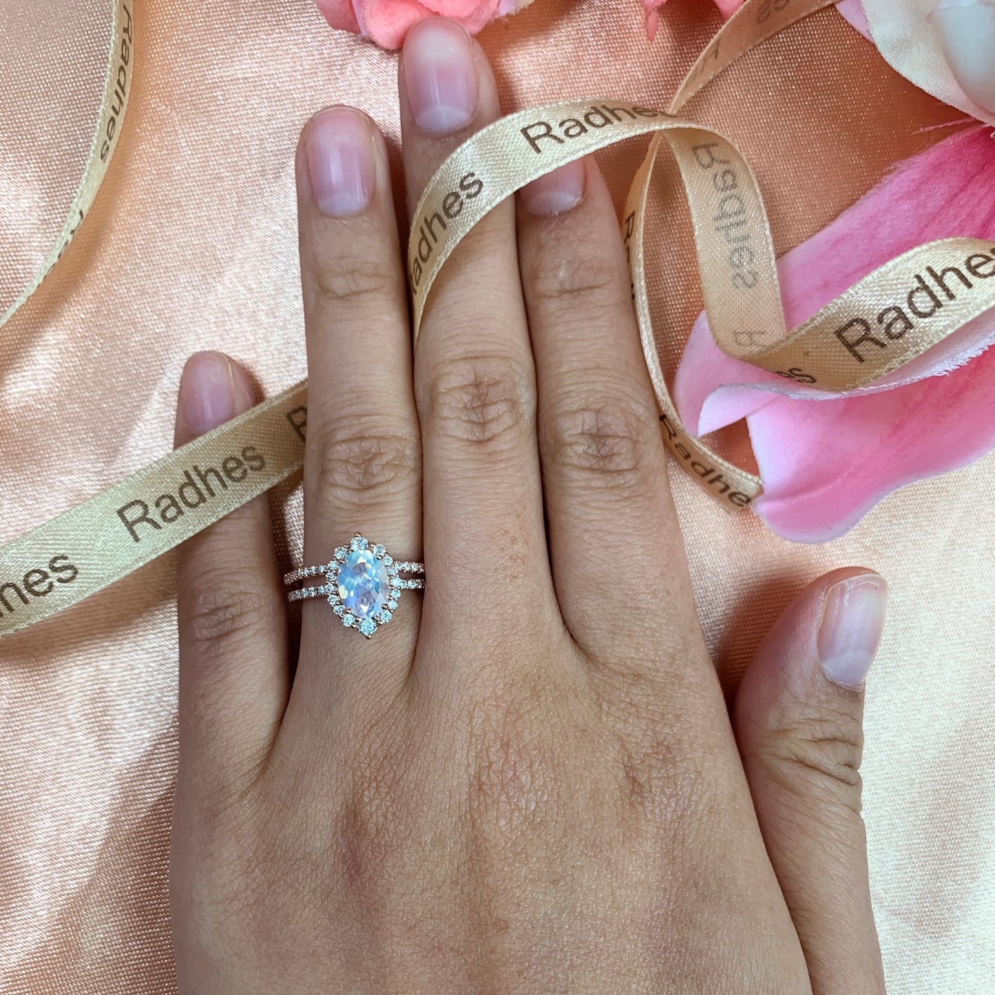 Flower Shape Halo 1.75 carat Oval Cut Rainbow Moonstone Wedding Set, Matching Wedding Ring Band