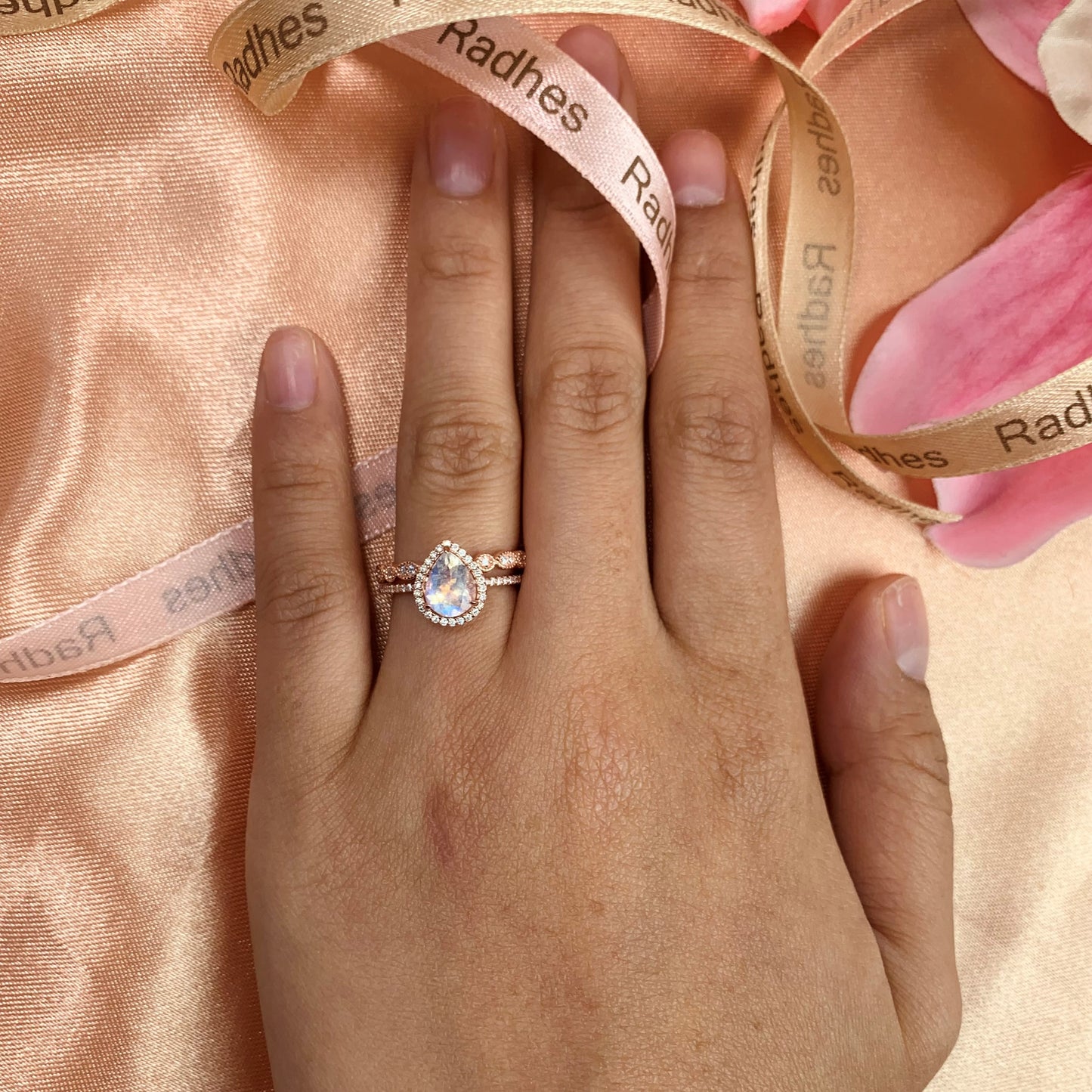 Sale 1.65 carat Pear Shape Rainbow Moonstone Wedding Ring Set with Diamond on Rose Gold
