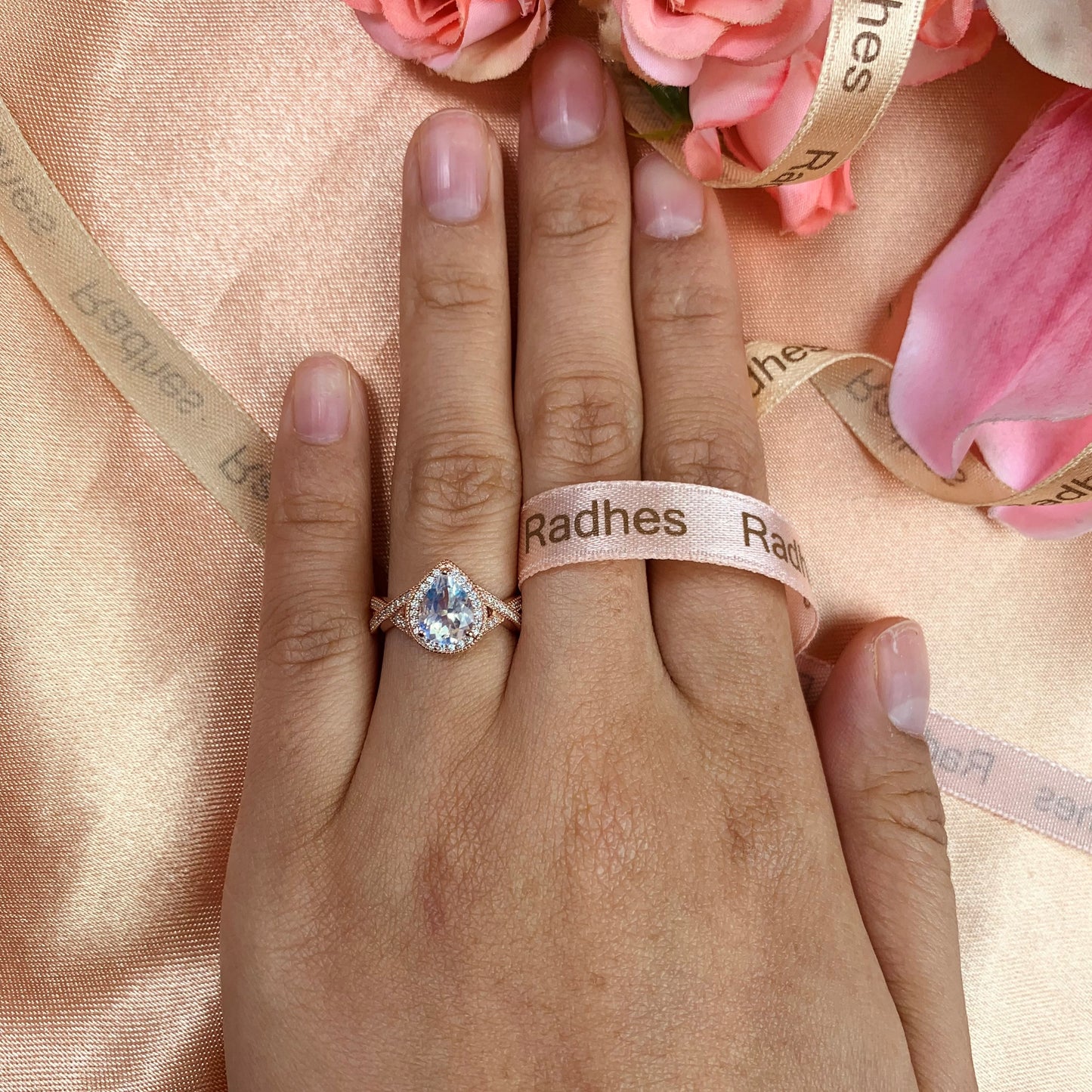 Antique milgrain 1.5 carat pear shape teardrop Moonstone Engagement Ring in Rose Gold