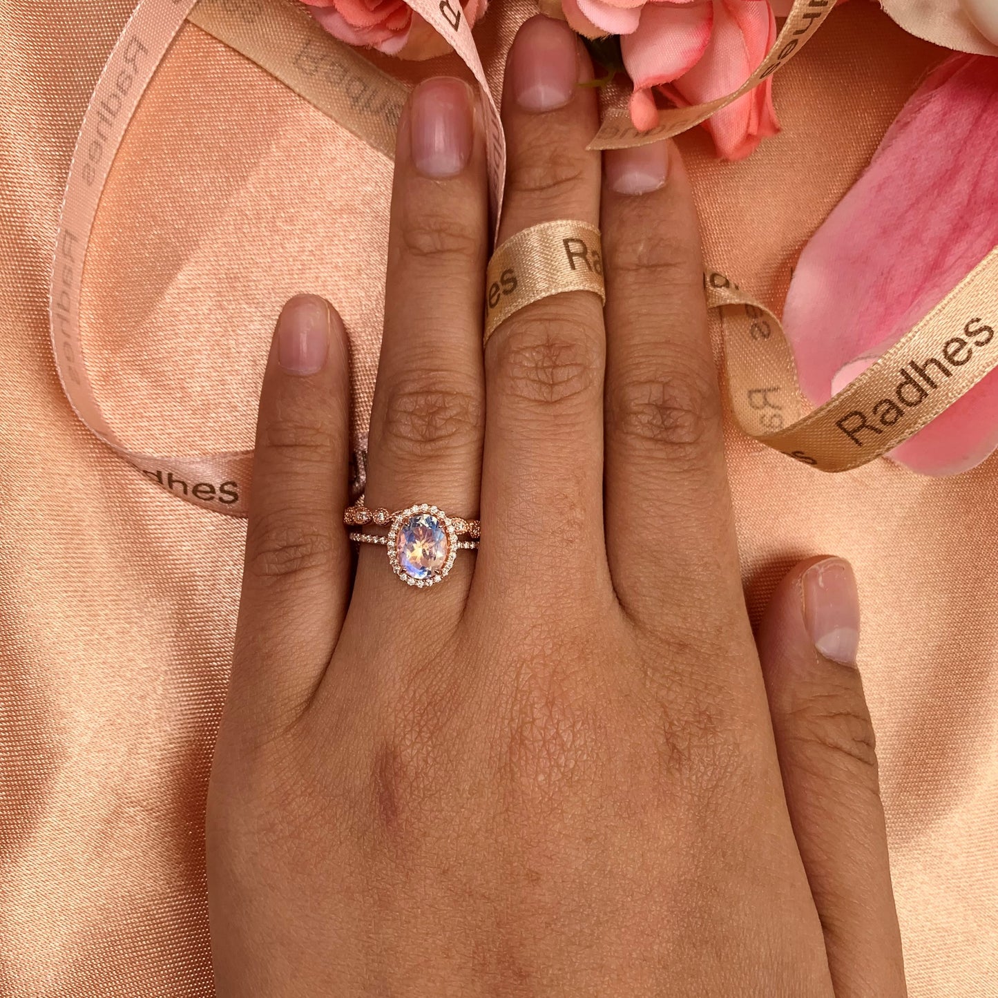 Antique 1.75 carat oval cut moonstone Wedding Bridal Ring Set with art deco Diamond Wedding Band