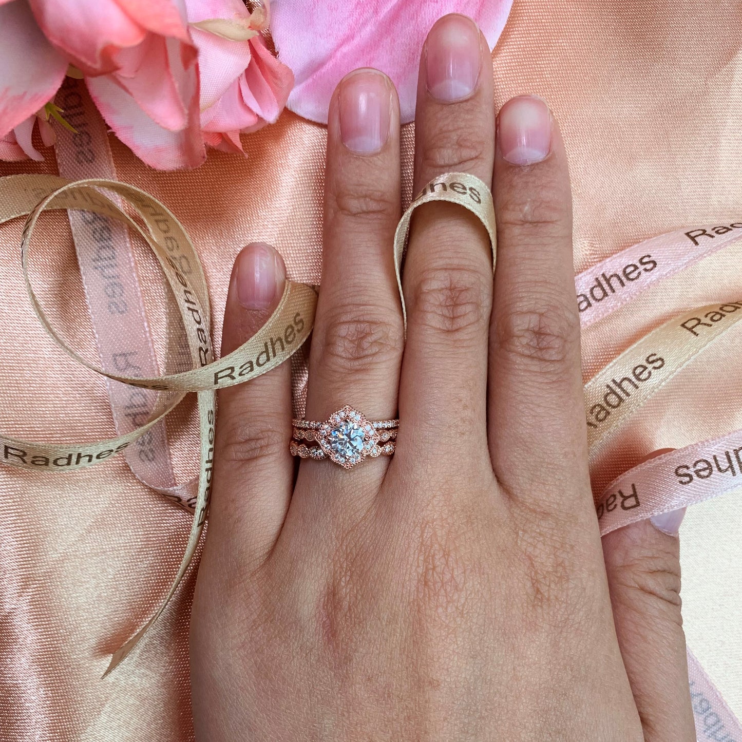 Art deco Vintage 1.9 carat Round cut Moissanite Trio Wedding Bridal Ring Set in Rose Gold