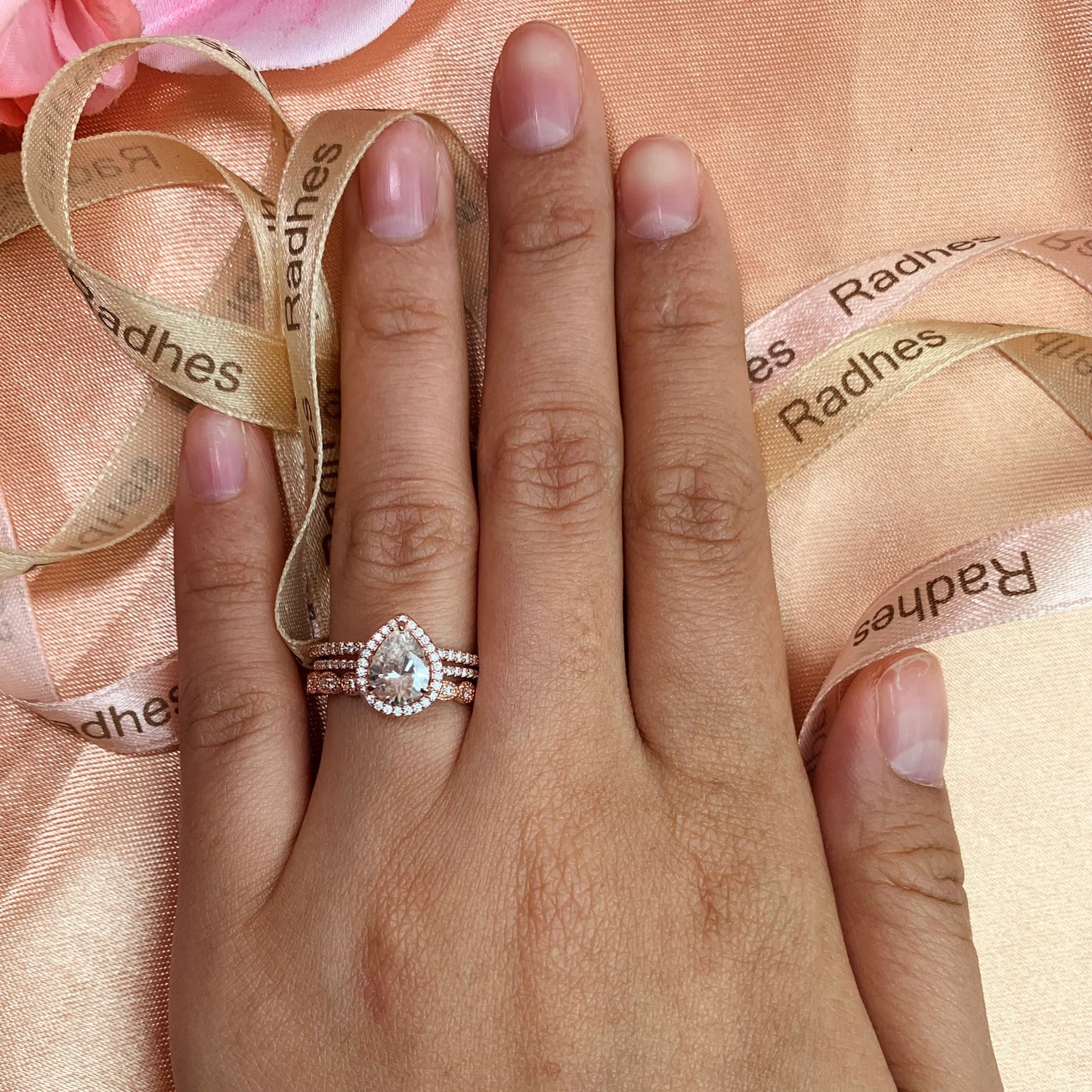1.9 carat pear shape tear drop Moissanite Trio Wedding Bridal Ring Set in Rose Gold