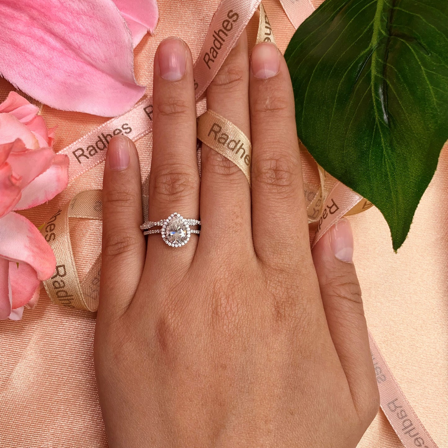 Vintage Halo set 1.75 carat pear shape Moissanite and Diamond Bridal Wedding Set in Gold
