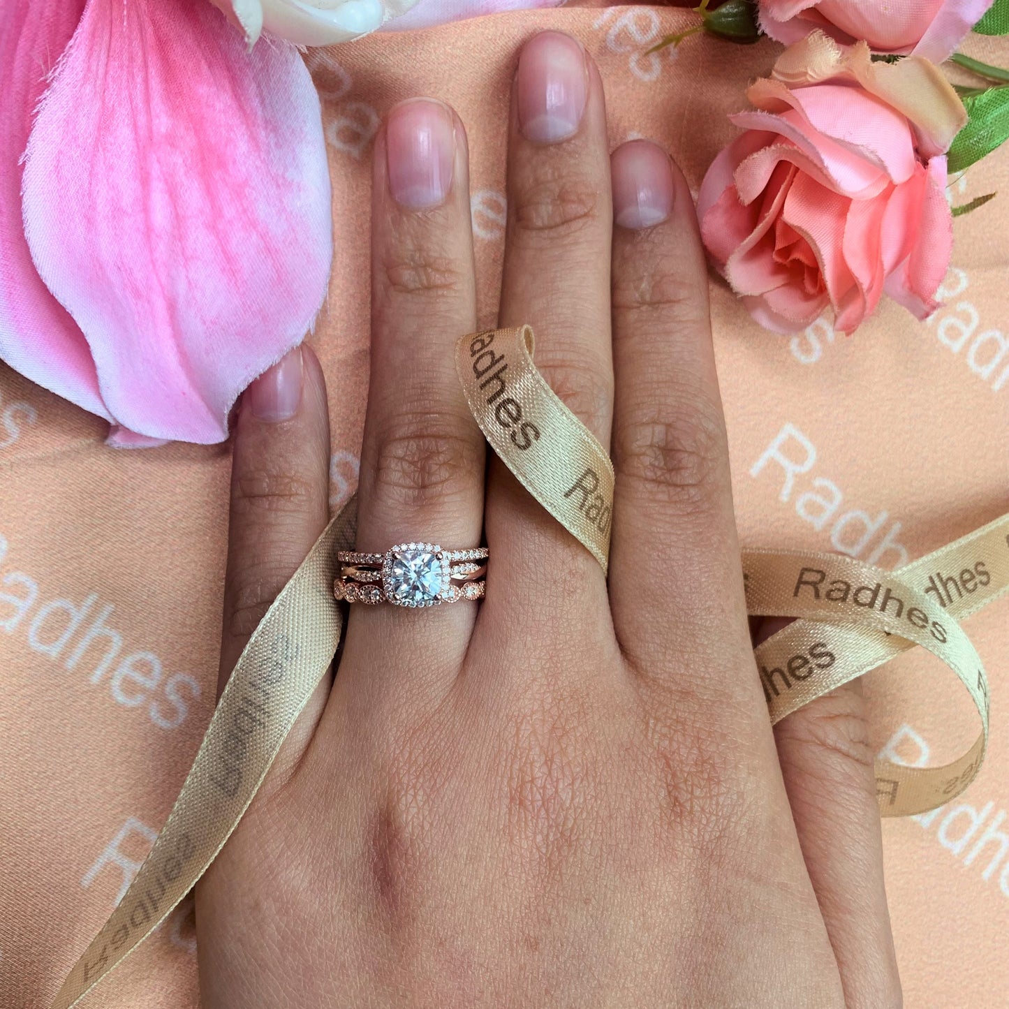 Unique 1.85 carat Cushion Cut Moissanite and Diamond Vintage Halo Wedding Trio Set in Gold