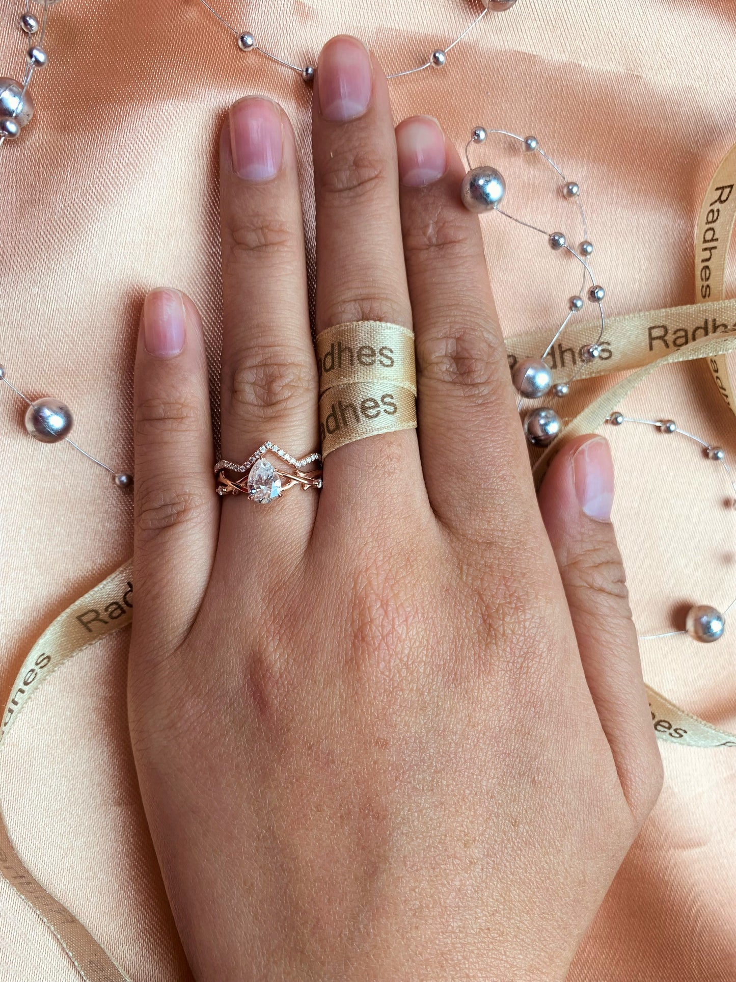 1.30 carat pear shape tear drop Moissanite Wedding Ring Set in Rose Gold