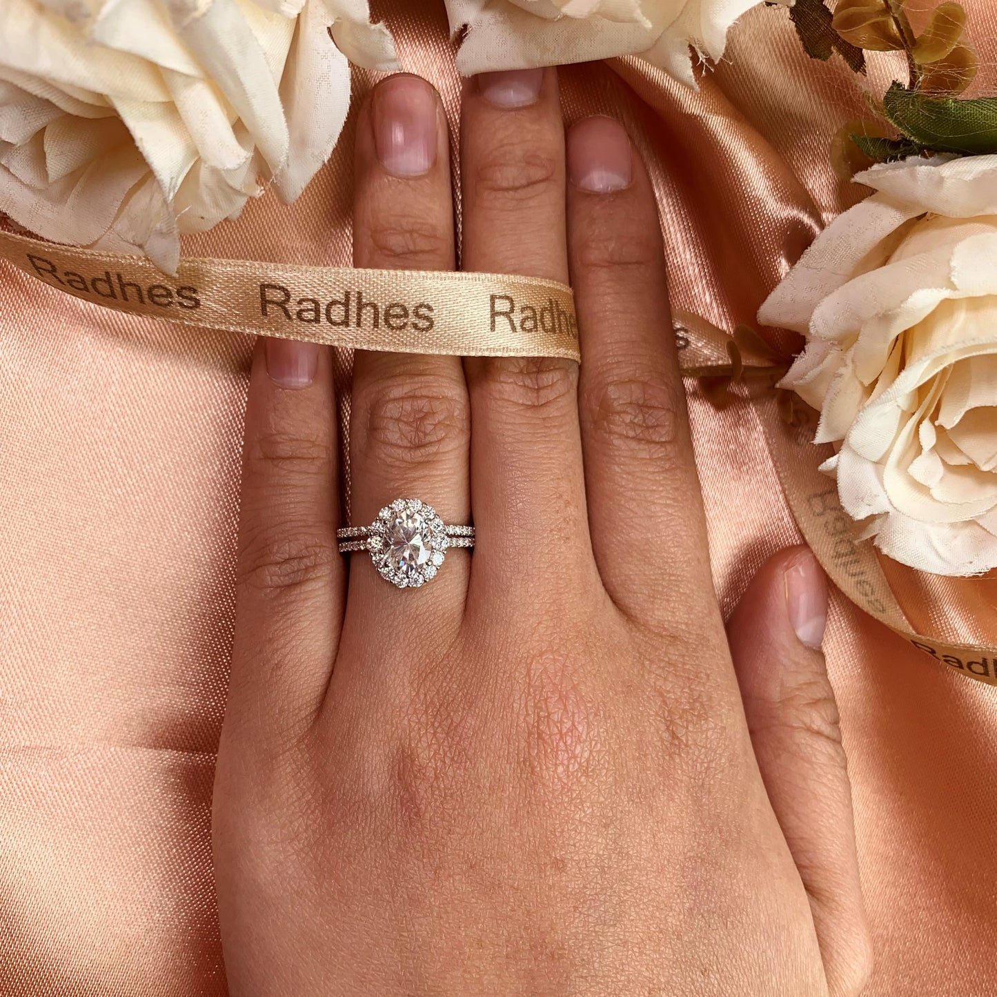 Vintage 1.55 carat Oval Cut Moissanite and Diamond Flower Halo Bridal Set in Gold