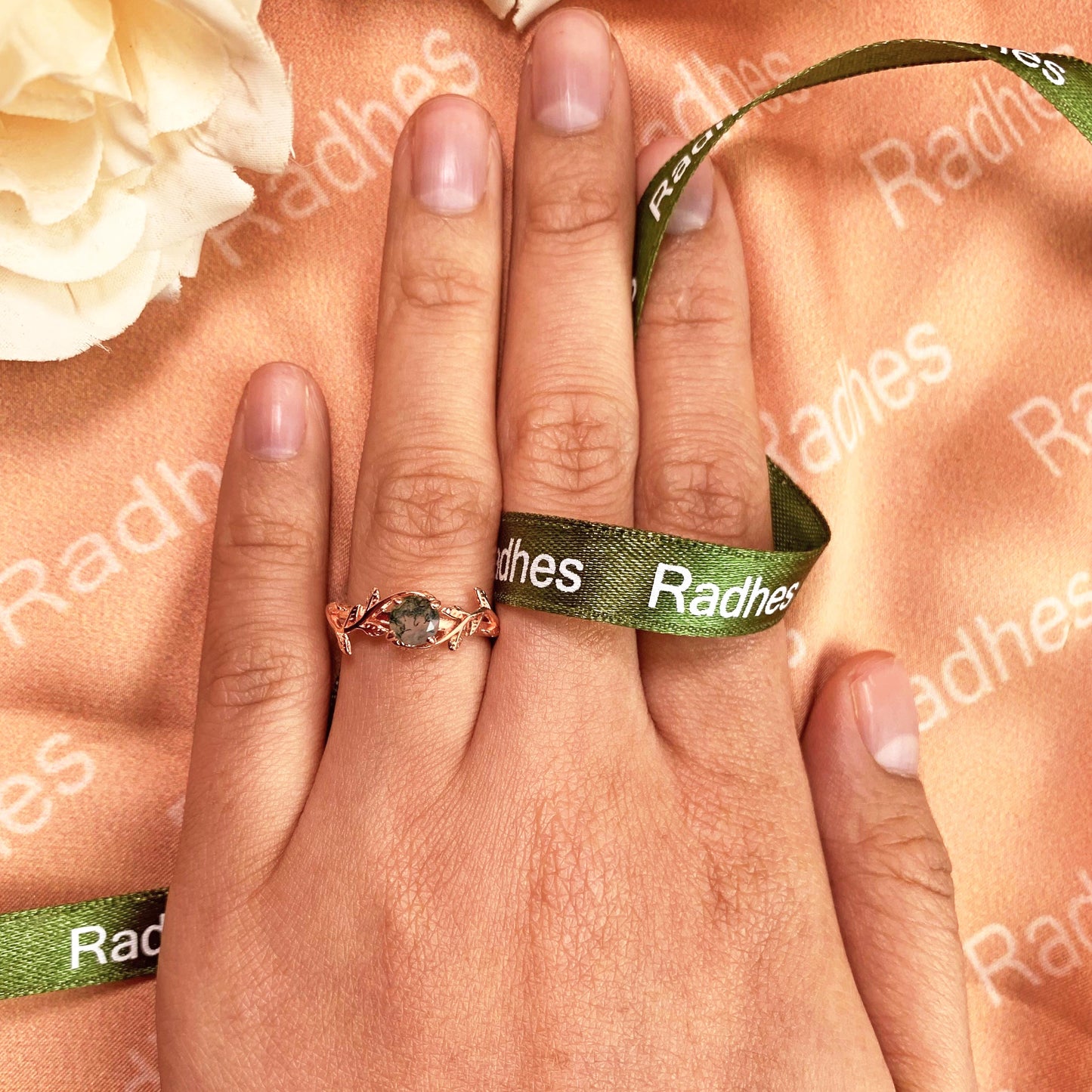Dainty Vine 1 carat Round Cut Moss Green Agate Solitaire Ring for Women in Rose Gold