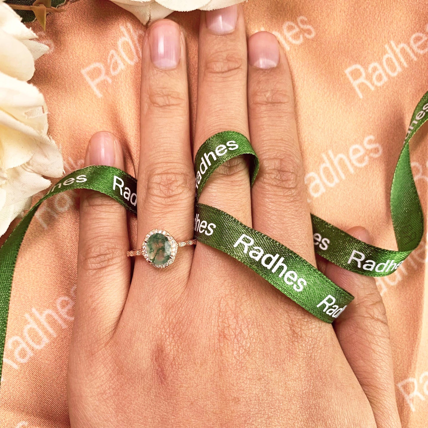 1.3 carat Oval Cut Moss Green Agate and Diamond Vintage Halo Milgrain Wedding Ring in Rose Gold