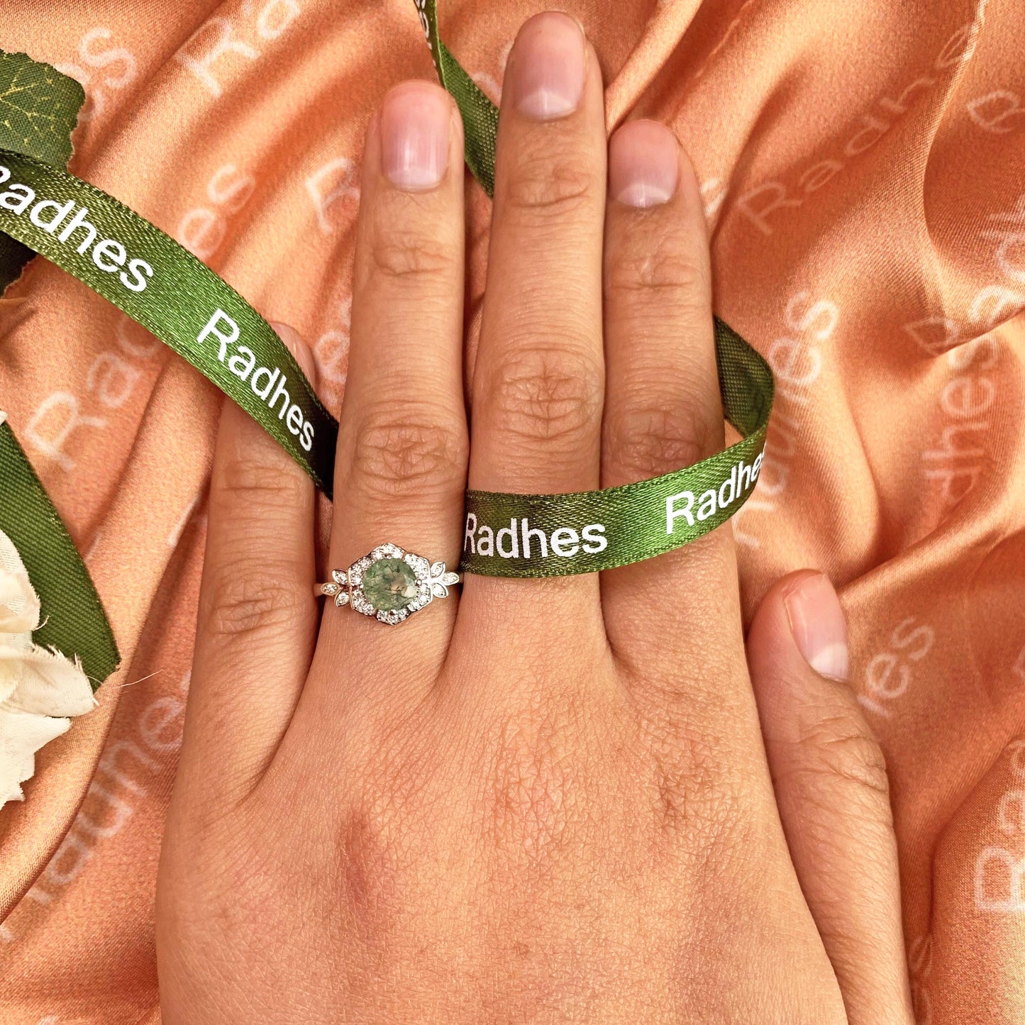 Flower 1.25 carat Round Cut Moss Green Agate and Diamond Halo Bezel Plain Shank Ring in White Gold