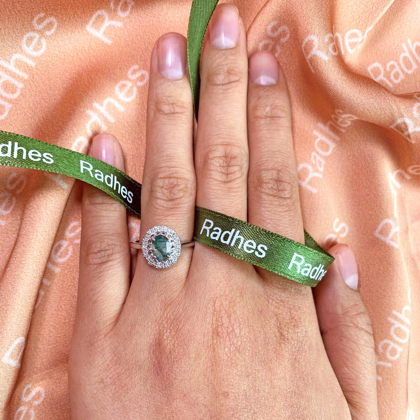Sunflower 1.30 carat Oval Cut Moss Green Agate and Diamond Milgrain Halo Twist Frame Wedding Ring in White Gold