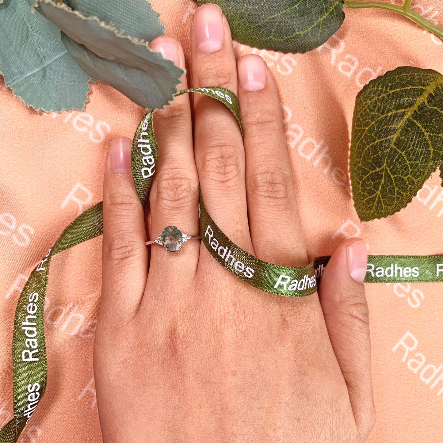 Classic 7 Stone 1.1 carat Oval Cut Moss Green Agate and Diamond Plain Shank Wedding Ring in White Gold