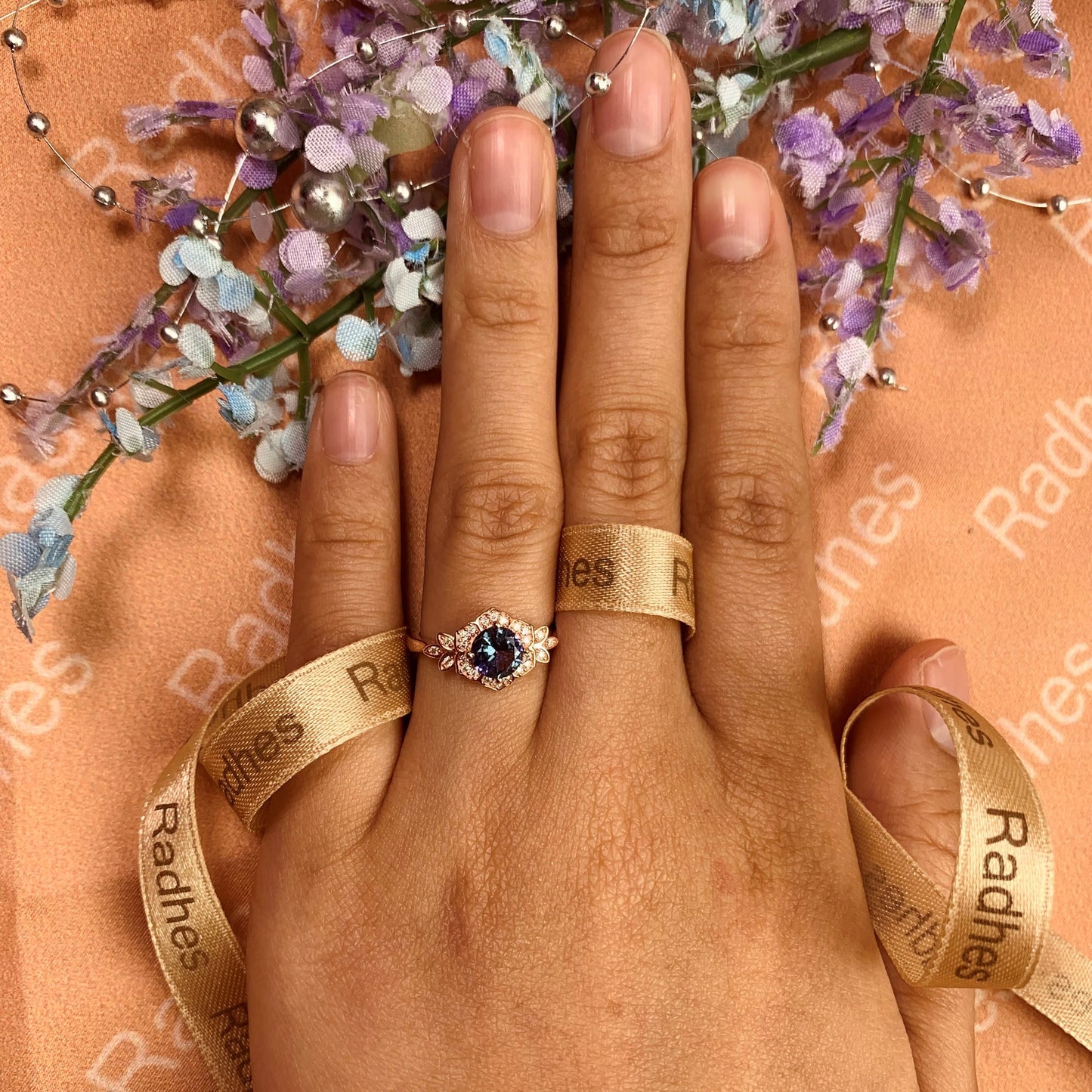 Popular Design 1.25 carat Round Cut Alexandrite Diamond Flower Halo Bridal Ring in Rose Gold