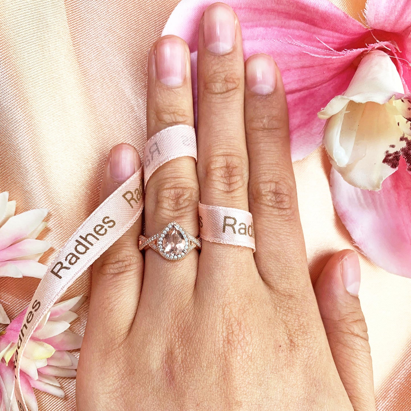 Antique Halo 1.7 carat Teardrop Morganite and Diamond Milgrain Promise Ring in Rose Gold