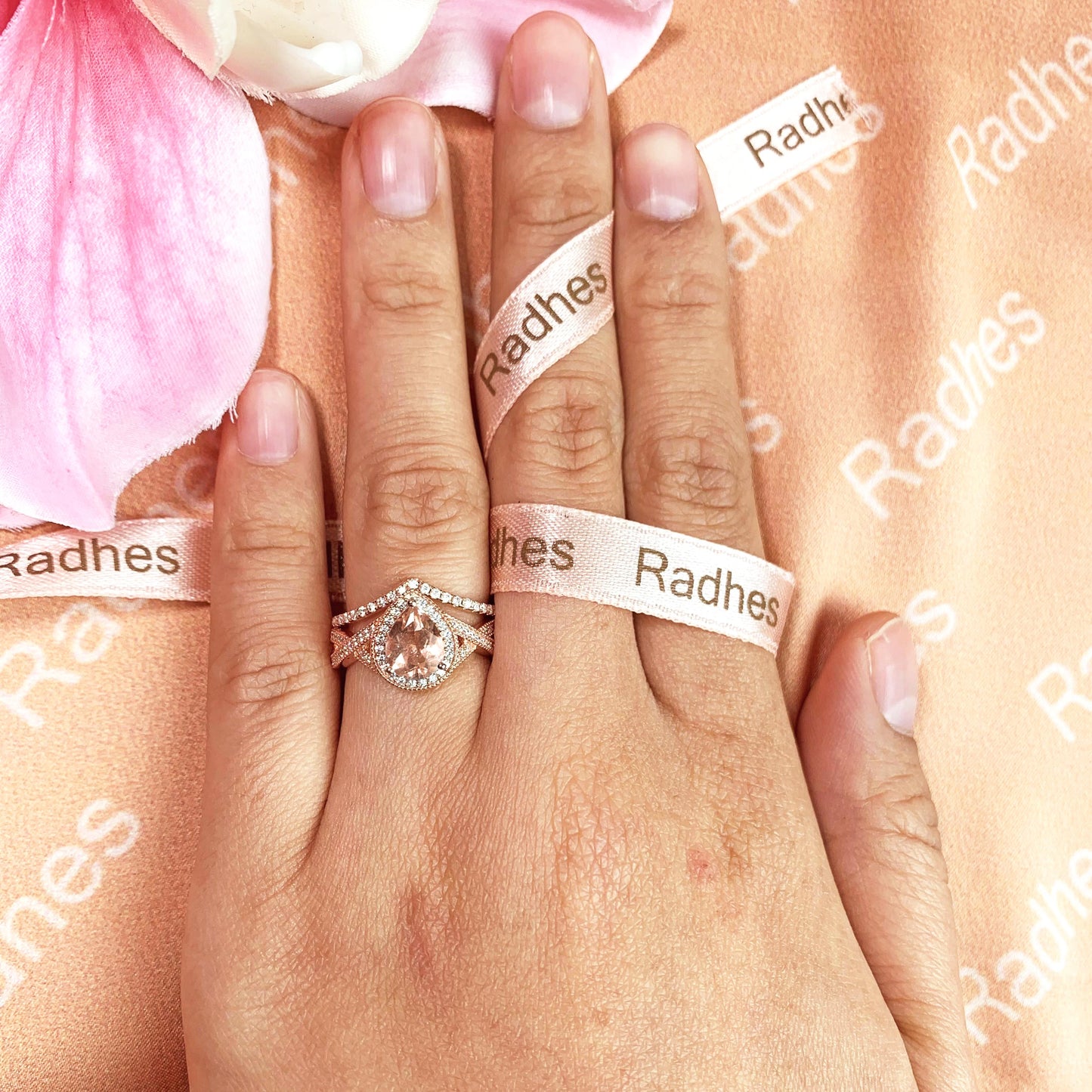 Huge 1.75 carat Natural Peach Morganite Halo Pear Shape Teardrop Chevron Art Deco Ring Set with Diamond in Rose Gold