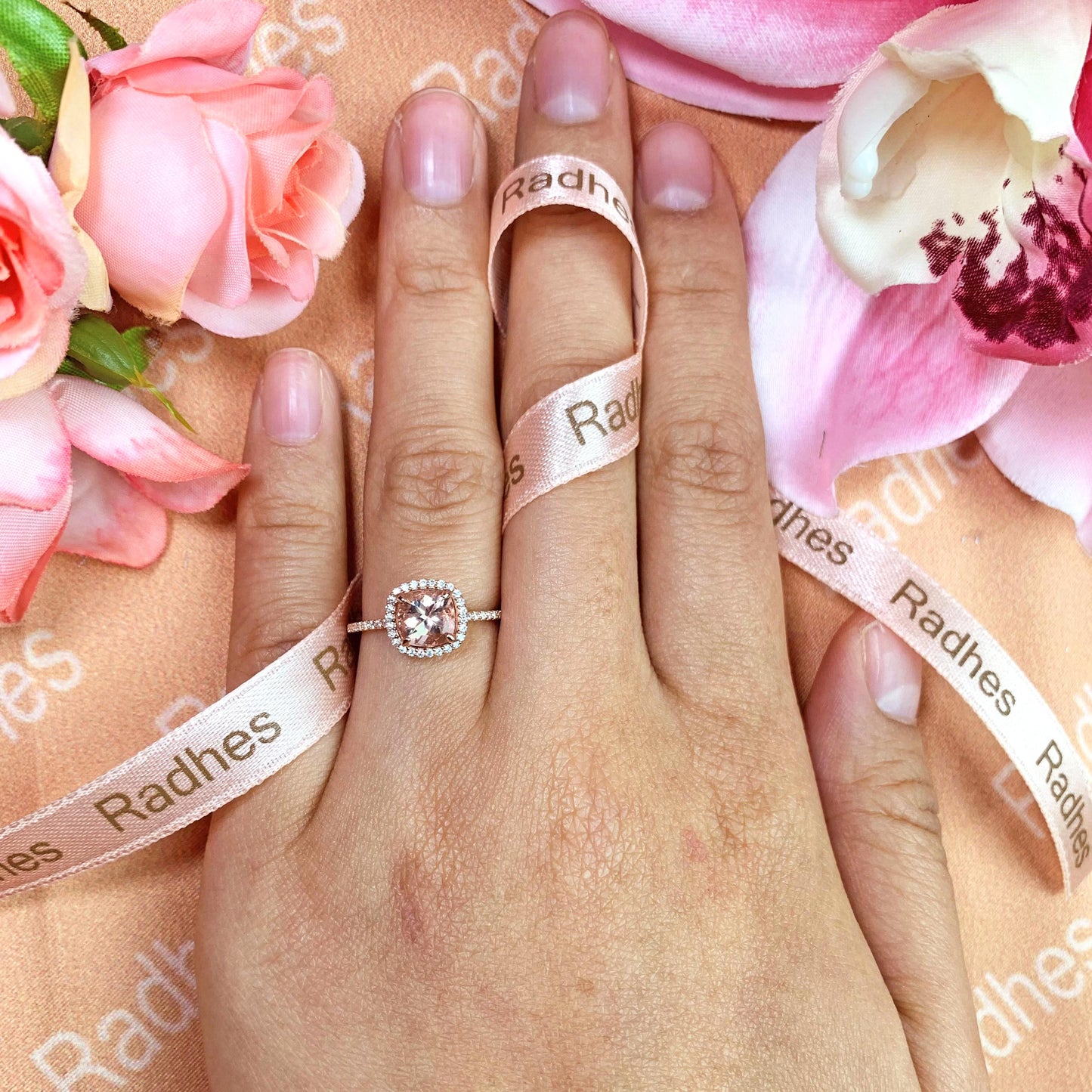 Sale 1.45 carat Cushion Cut Morganite with Diamond Halo Engagement Ring in Rose Gold