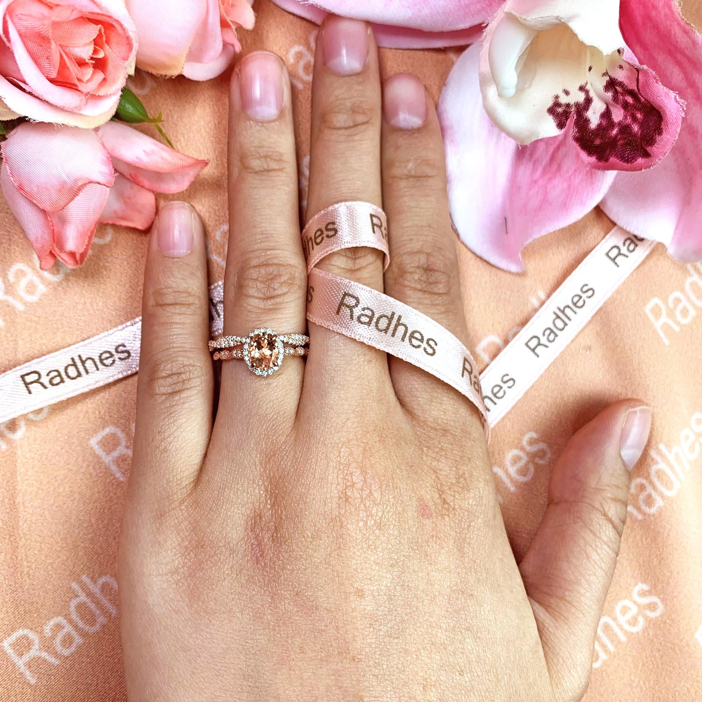 Bezel set 1.75 carat oval cut peach pink Morganite vintage Wedding Ring Set in Rose Gold