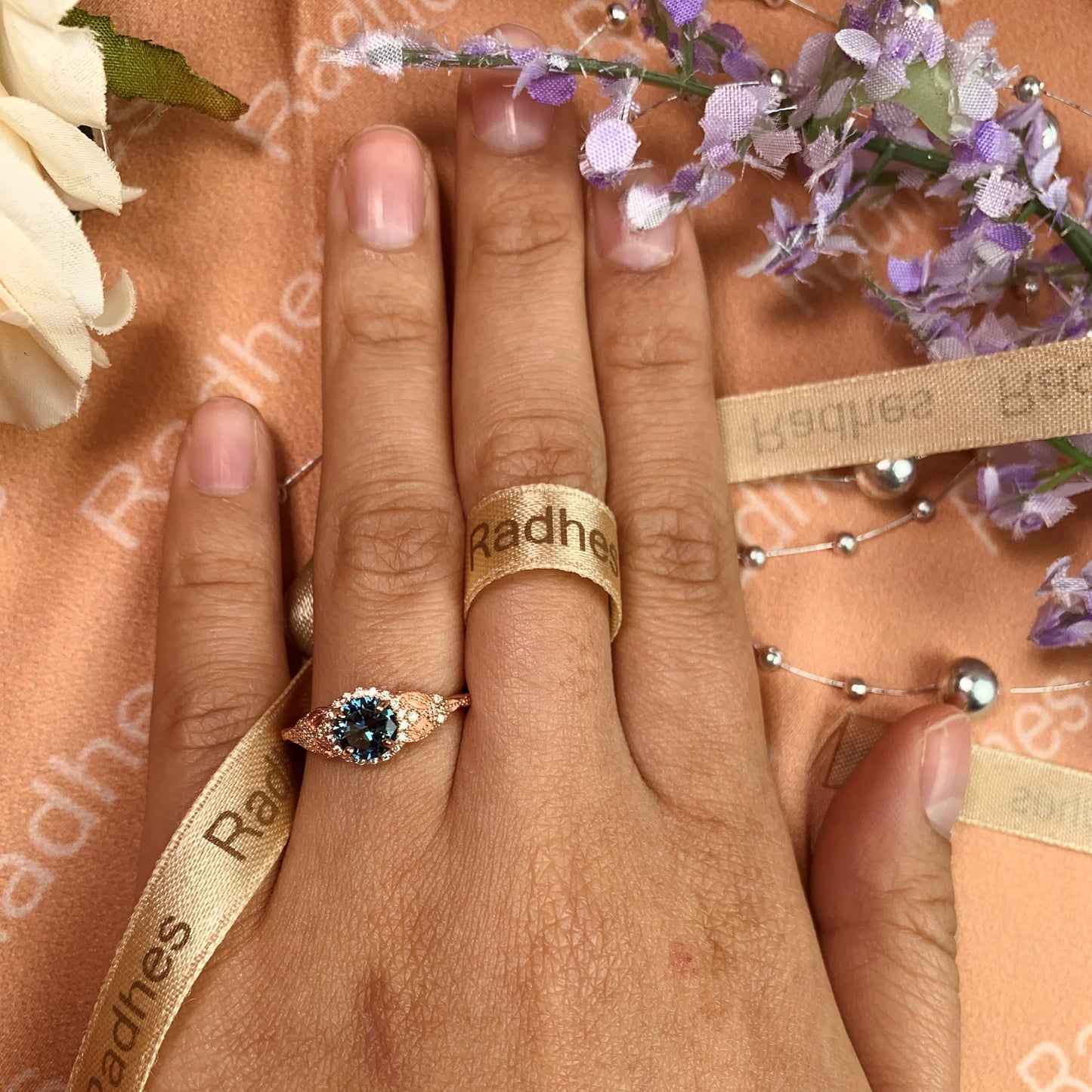 Art Deco 1.2 carat Round Shaped Alexandrite and Diamond Nature-inspired Milgrain Promise Ring in Rose Gold