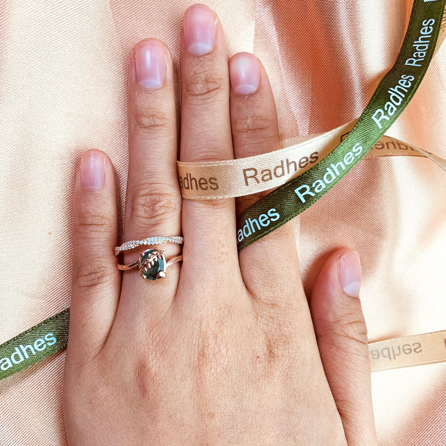 Modern 1.50 carat Oval Cut Moss Green Agate and Diamond Vine Wrapped Ring Set with Matching Infinity Wedding Band in Rose Gold