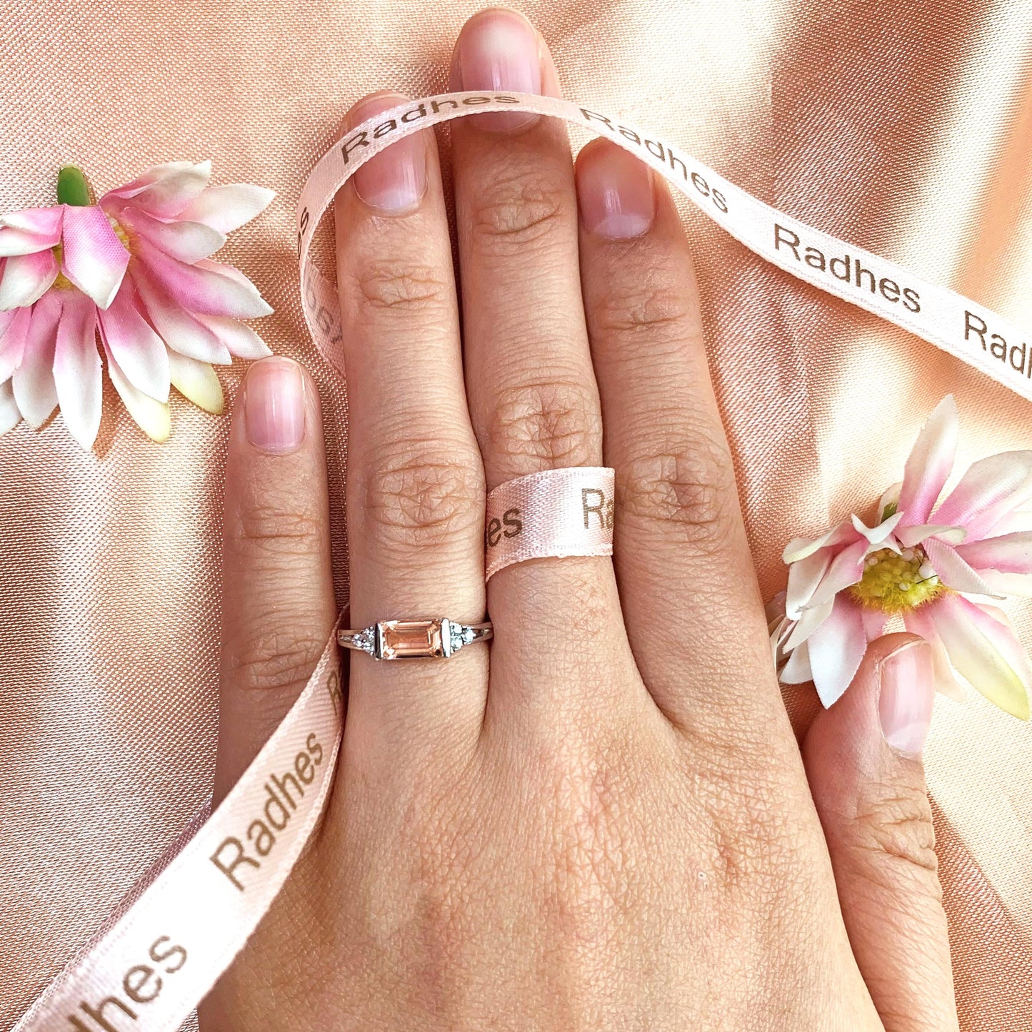 Classic 1.1 carat Emerald Cut Peach Morganite 7 Stone Engagement Ring in White Gold