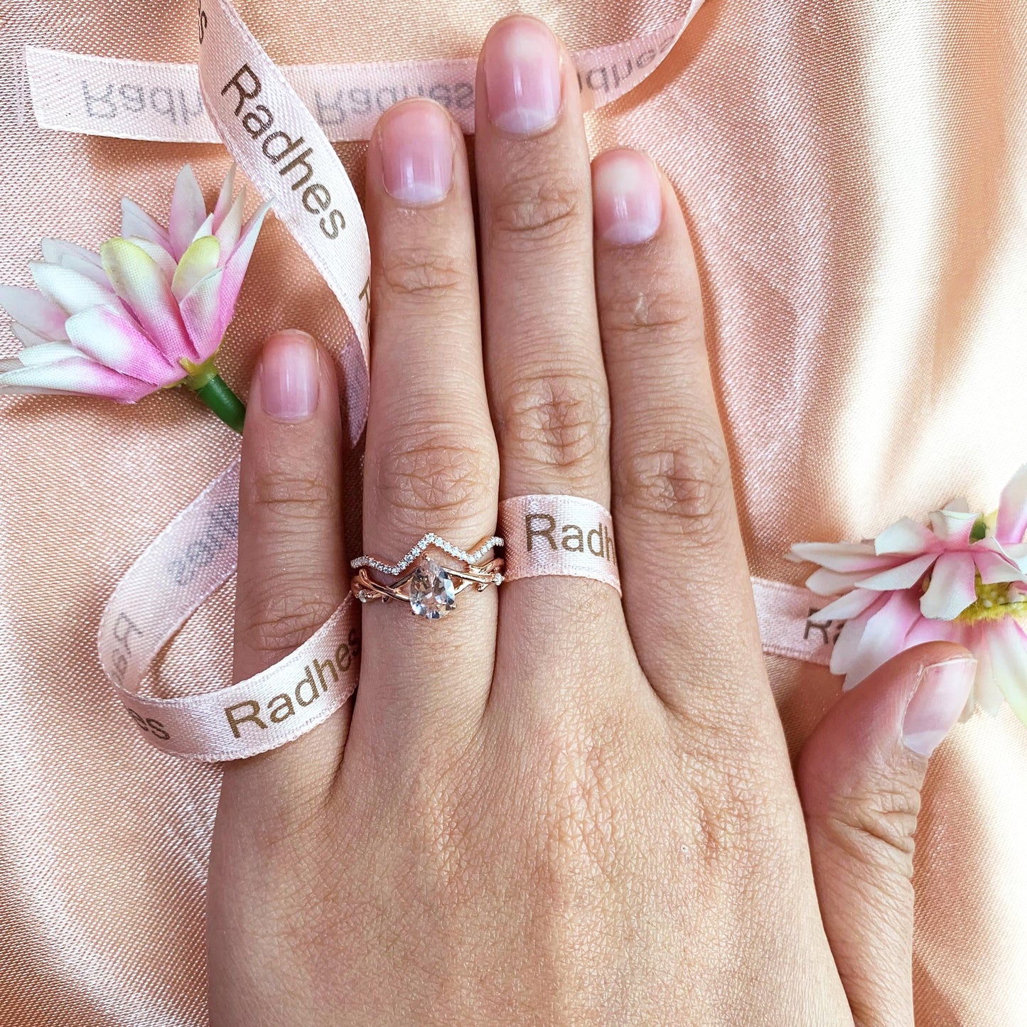 Solitaire 1.25 carat Pear Shaped Peach Pink Morganite Twig Wedding Ring Set in Rose Gold