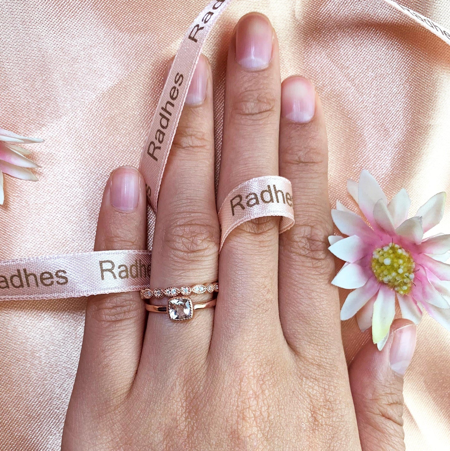 Solitaire 1.15 carat cushion cut peach pink Morganite vintage Wedding Ring Set in Rose Gold