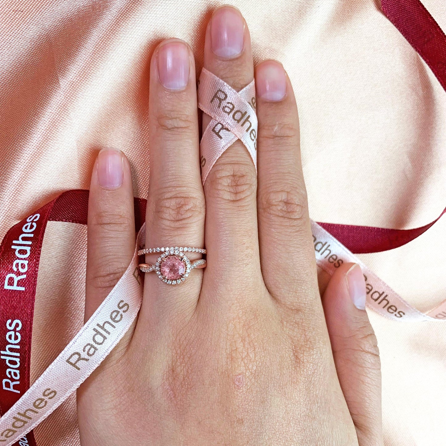 Twist Shank 1.5 carat Round Cut Strawberry Quartz and Diamond Pave Halo Ring Set for Women in Rose Gold