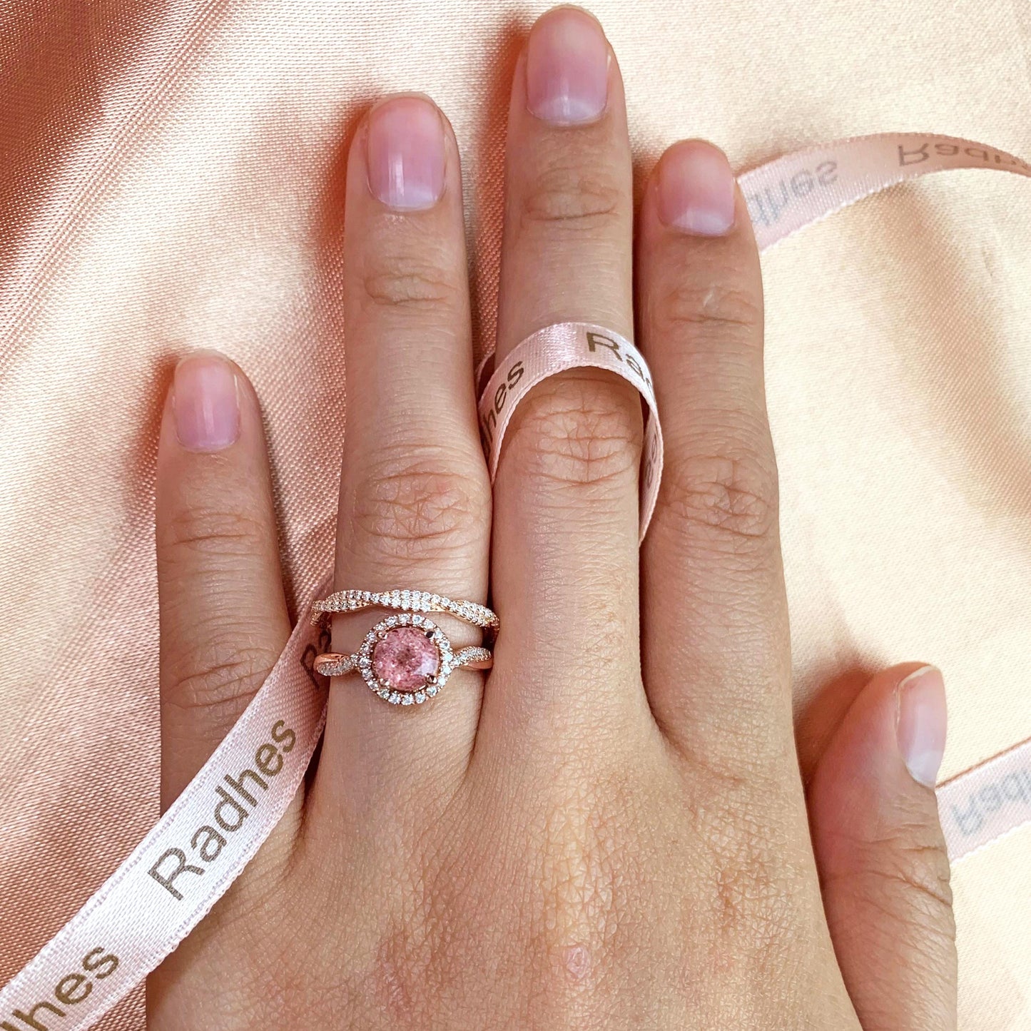 Classic Halo 1.75 carat Round Cut Strawberry Quartz Pave Diamond Twist Shank Wedding Ring Set for Women in Rose Gold