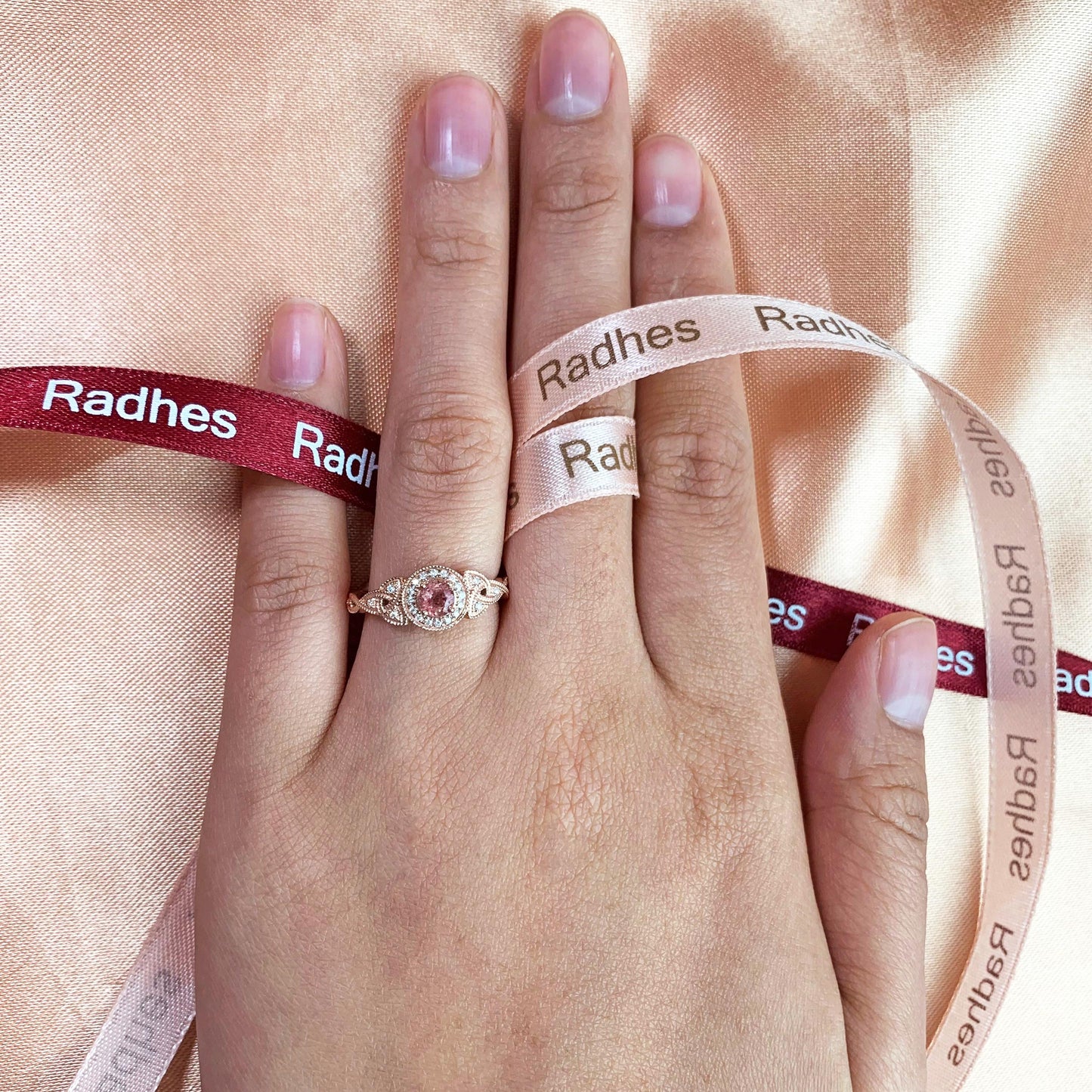 Milgrain Halo 1.25 carat Round Cut Strawberry Quartz and Diamond Trinity Twisted Shank Wedding Ring in Rose Gold