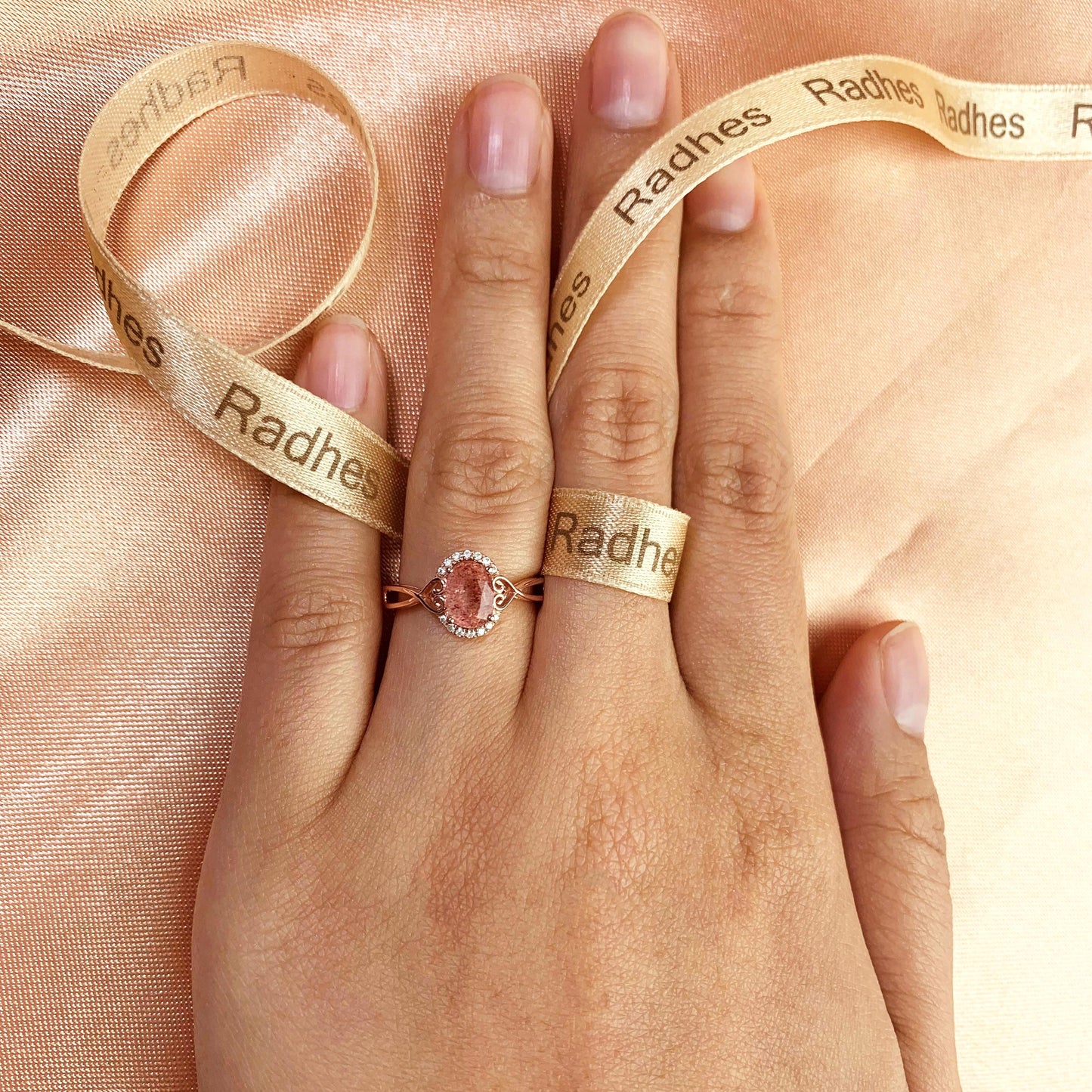 Semi-halo 1.15 carat Oval Cut Strawberry Quartz and Diamond Twisted Heart Shank Wedding Ring for Women in Rose Gold