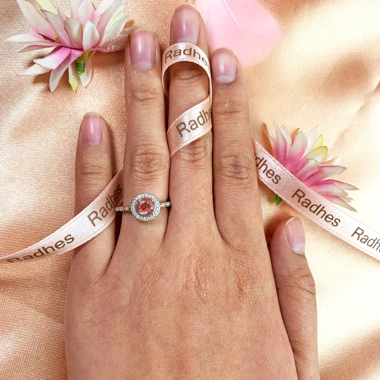 Halo 1.25 carat Round Shaped Strawberry Quartz Semi-mount Milgrain Ring for Women in White Gold