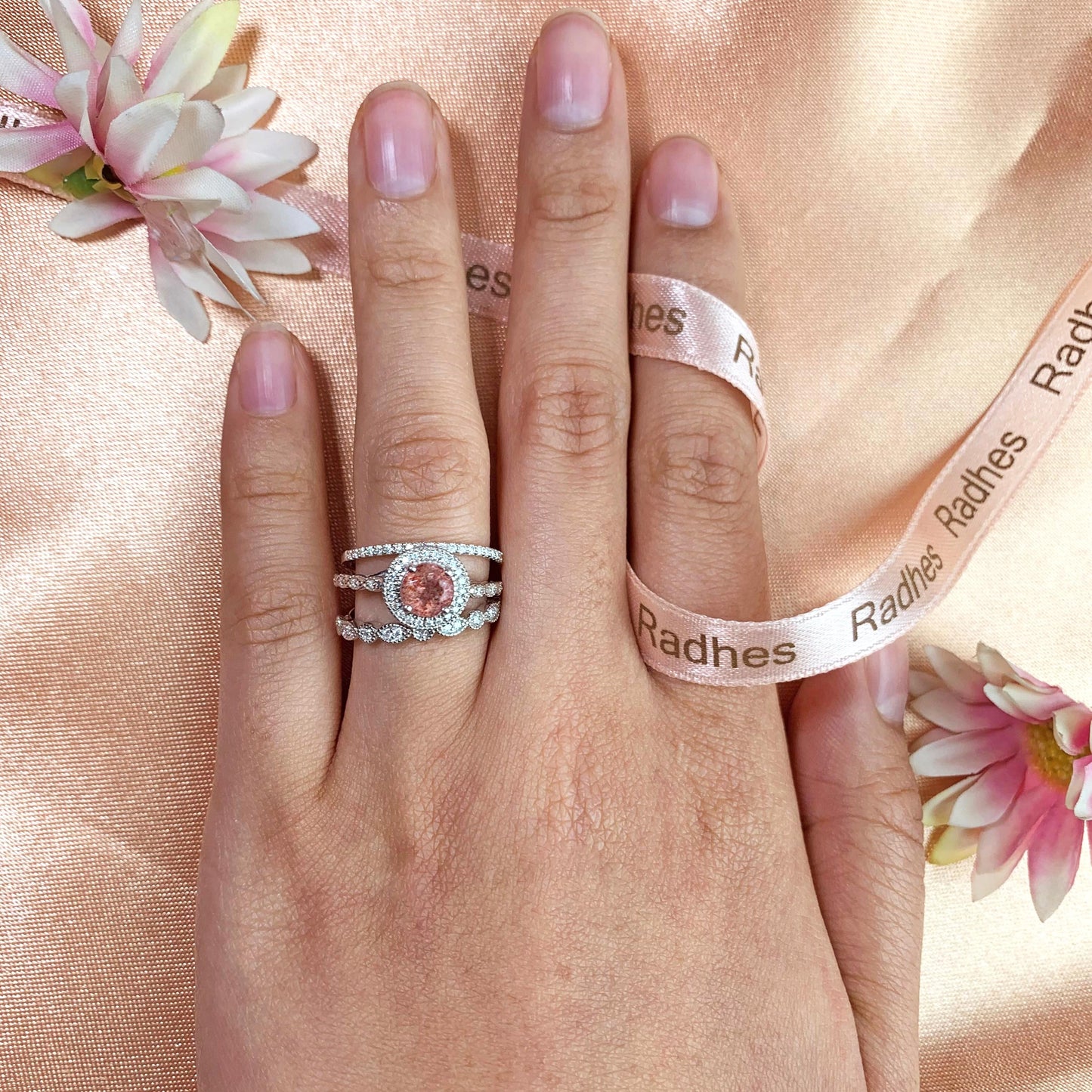 2 carat Round Shaped Strawberry Quartz and Diamond Halo Milgrain 3 Piece Wedding Rings Set in White Gold