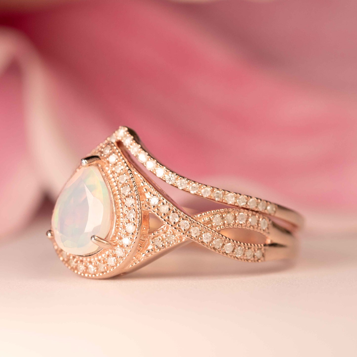 Huge 1.7 Carat Natural Fire Opal Halo Pear Shape Teardrop Vintage Chevron Wedding Ring Set with Diamond in Rose Gold