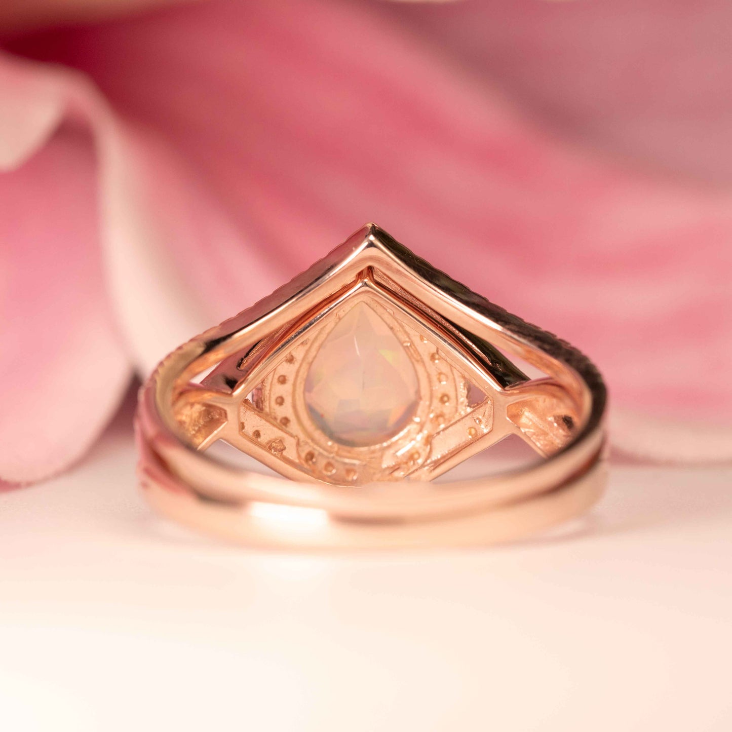 Huge 1.7 Carat Natural Fire Opal Halo Pear Shape Teardrop Vintage Chevron Wedding Ring Set with Diamond in Rose Gold