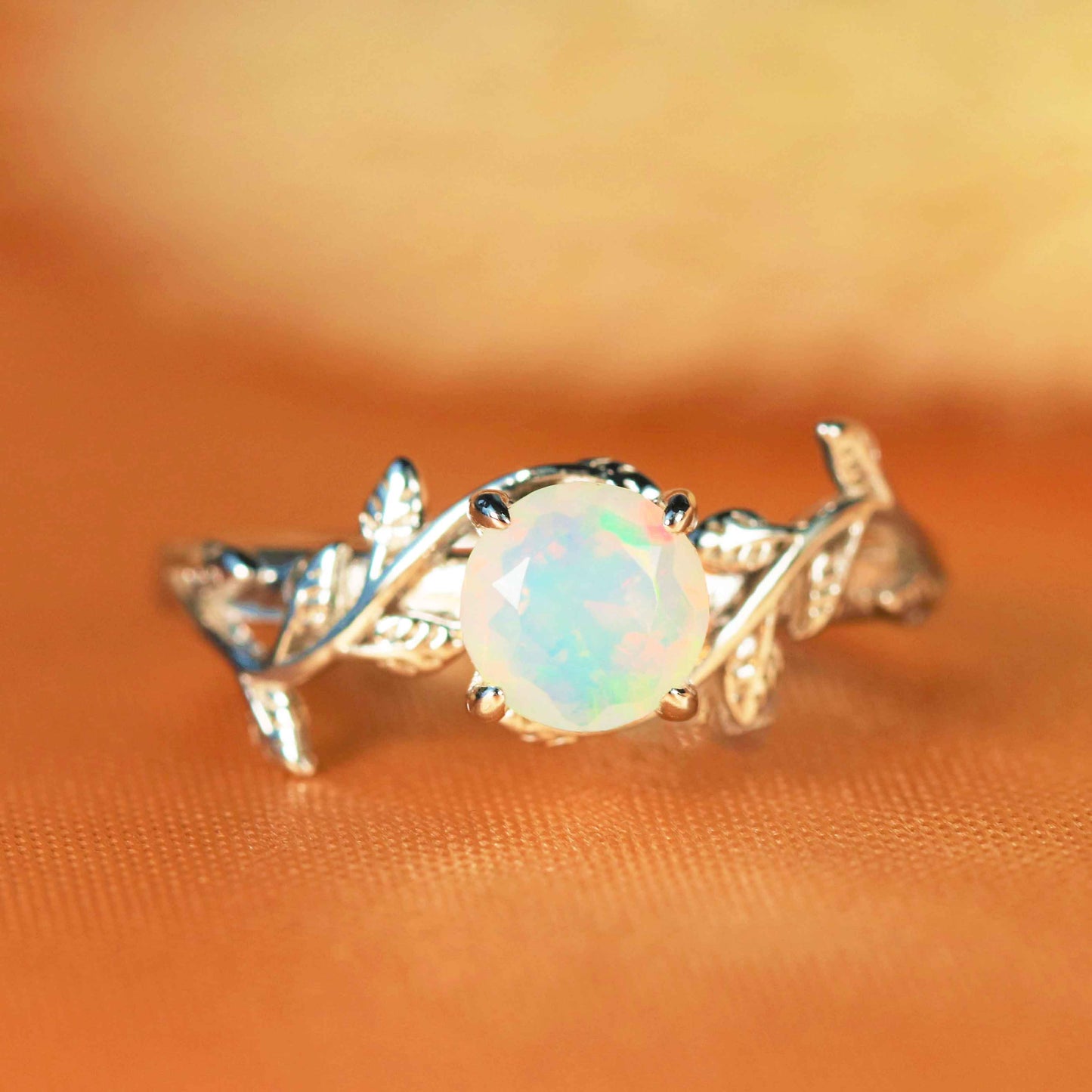 Dainty 1 Carat Round Cut Opal Leaf Wedding Engagement Ring in White Gold