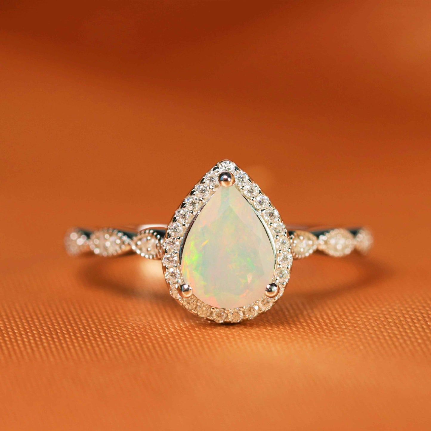 Halo 1.35 Carat Pear Shape Fire Opal Vintage Promise Ring in Gold