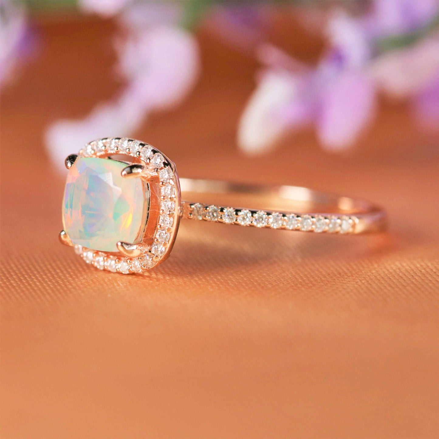 Sale 1.25 Carat Cushion Cut Opal with Diamond Halo Engagement Ring in Rose Gold