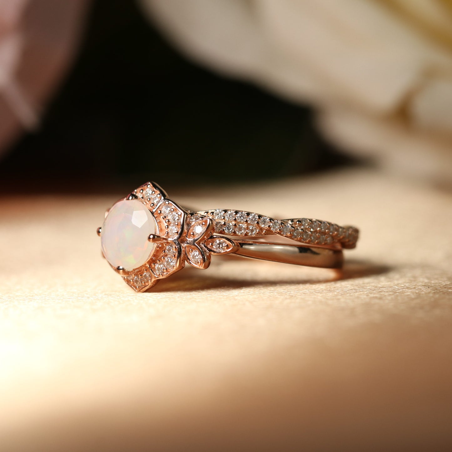 1.5 carat Flower Leaf design Fire Opal Bridal Wedding Ring Set with Diamond on Rose Gold