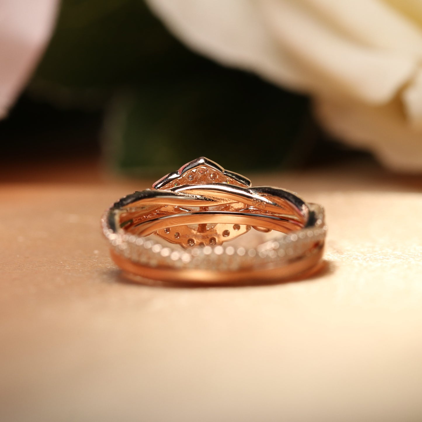 1.5 carat Flower Leaf design Fire Opal Bridal Wedding Ring Set with Diamond on Rose Gold