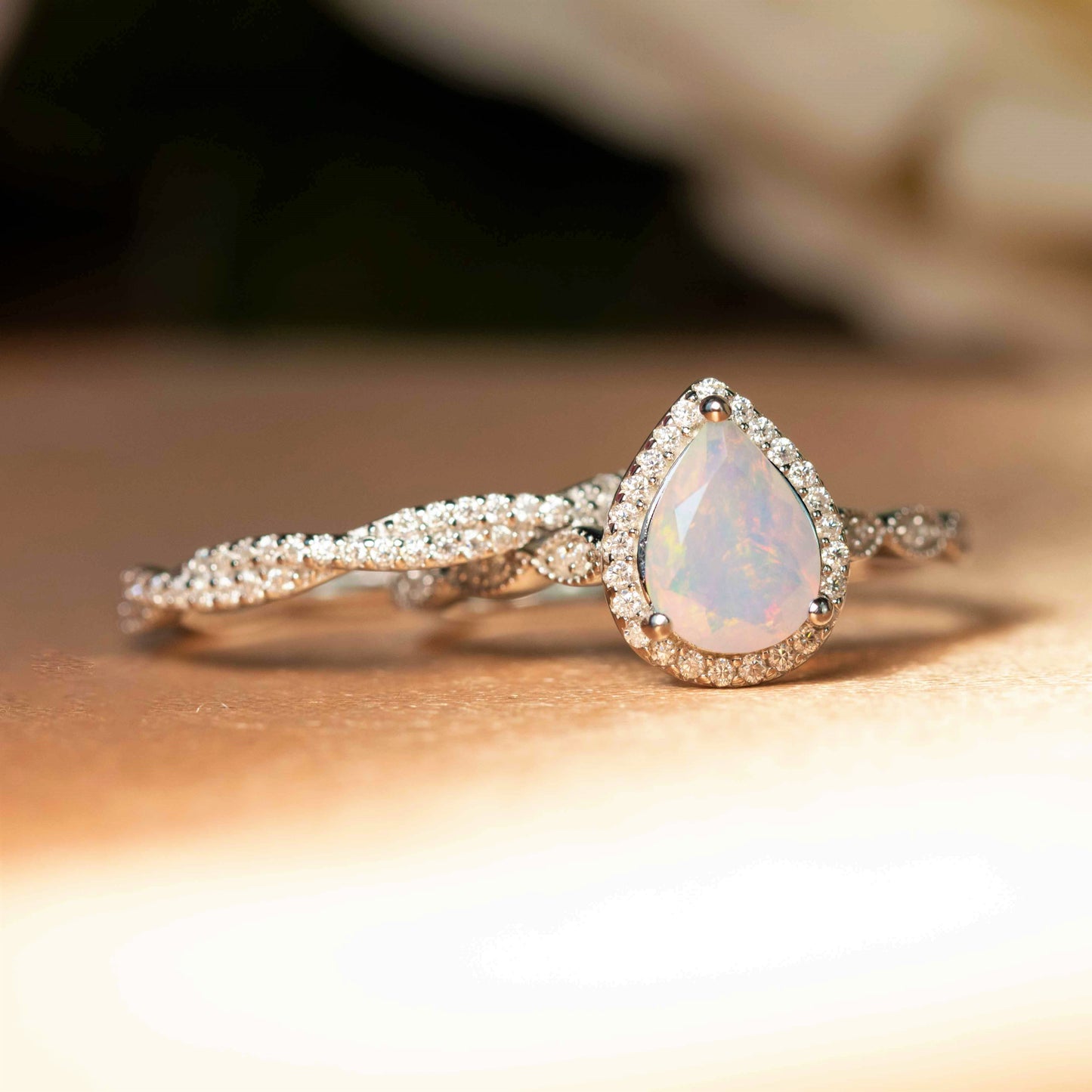 Halo 1.50 Carat Pear Shape Fire Opal Vintage Wedding Ring Set in White Gold