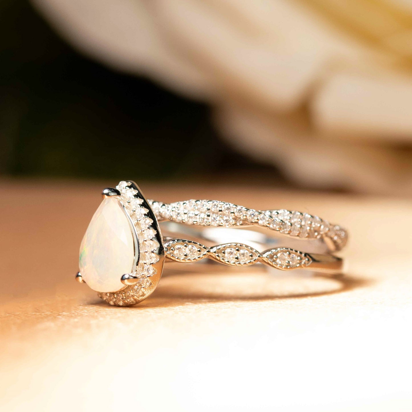 Halo 1.50 Carat Pear Shape Fire Opal Vintage Wedding Ring Set in White Gold