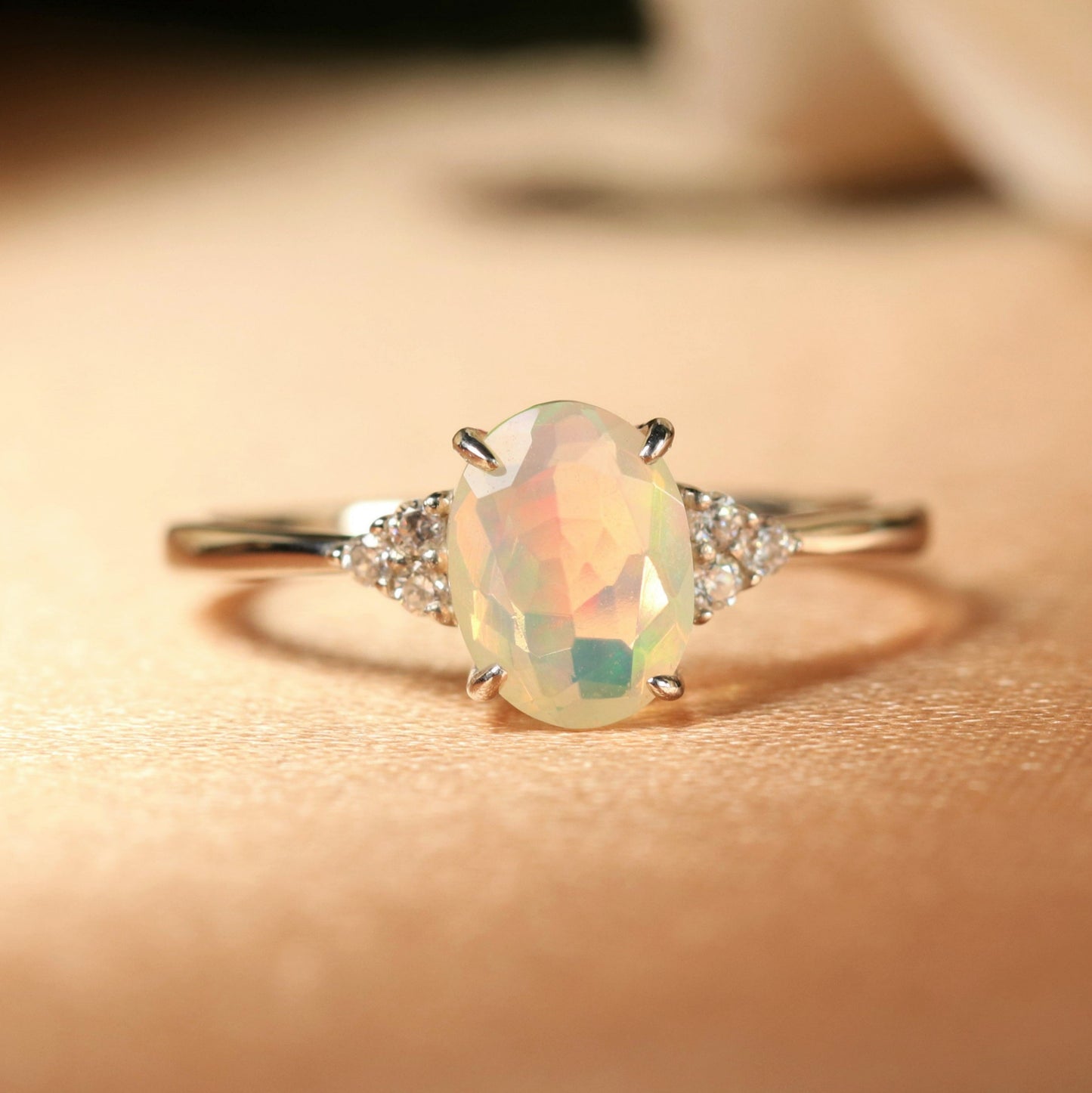 7 Stone 1.1 Carat Fire Opal with Diamond Classic Wedding Engagement Ring White Gold