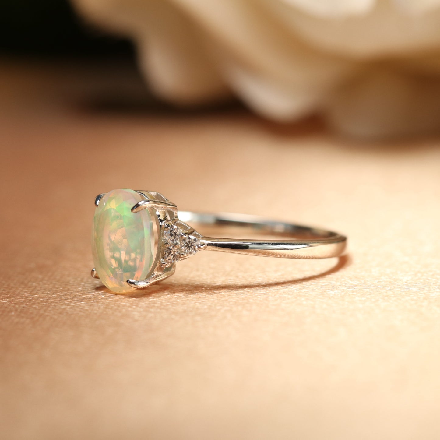 7 Stone 1.1 Carat Fire Opal with Diamond Classic Wedding Engagement Ring White Gold