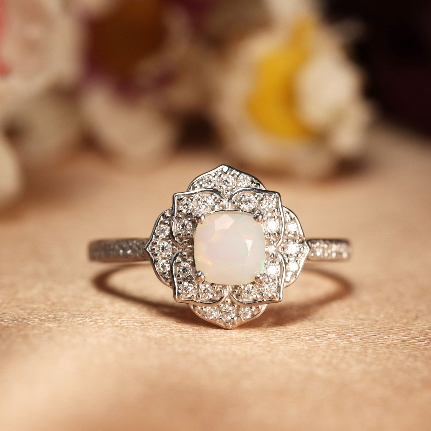 Vintage Floral 1.5 Carat Cushion Cut Fire Opal Engagement Ring in White Gold