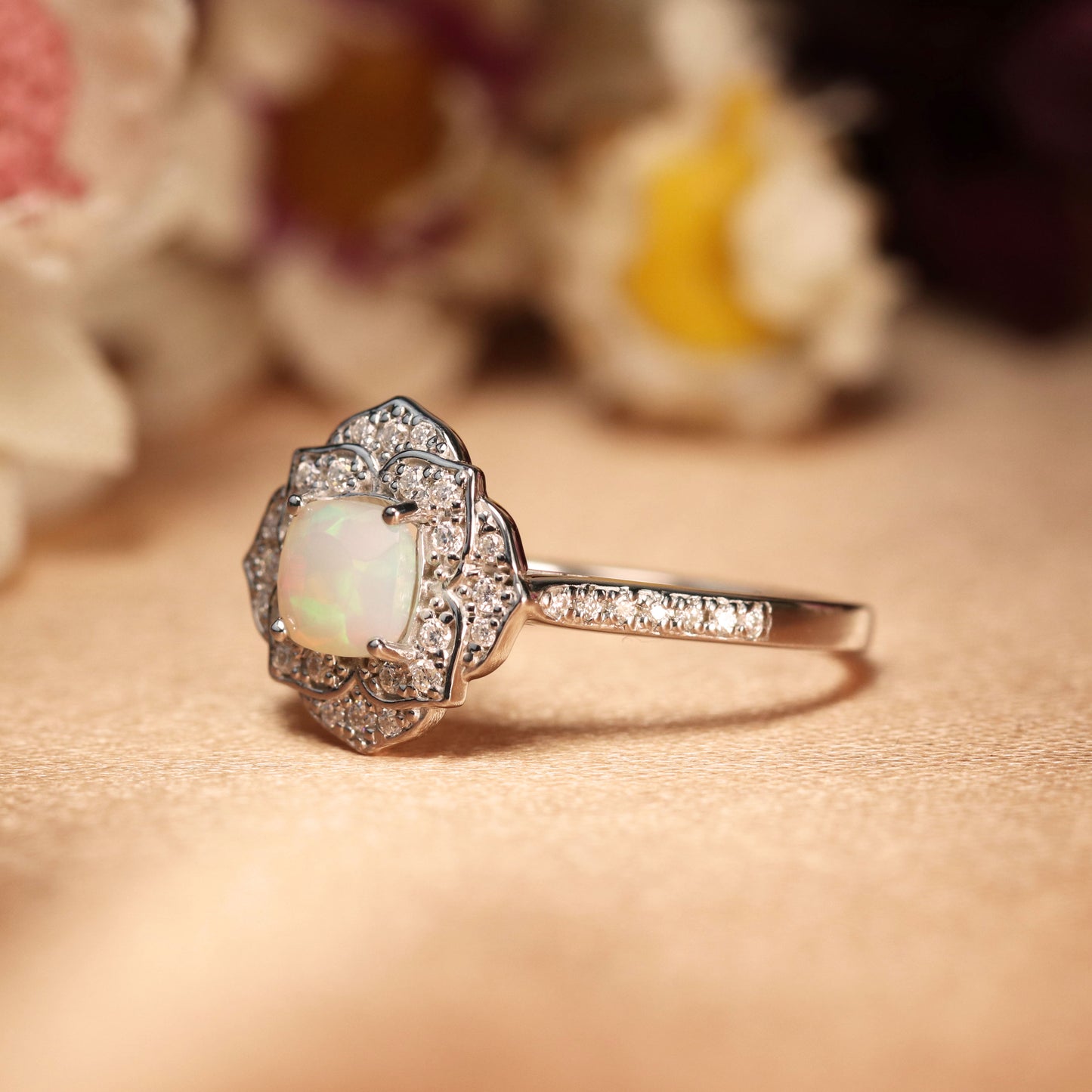 Vintage Floral 1.5 Carat Cushion Cut Fire Opal Engagement Ring in White Gold